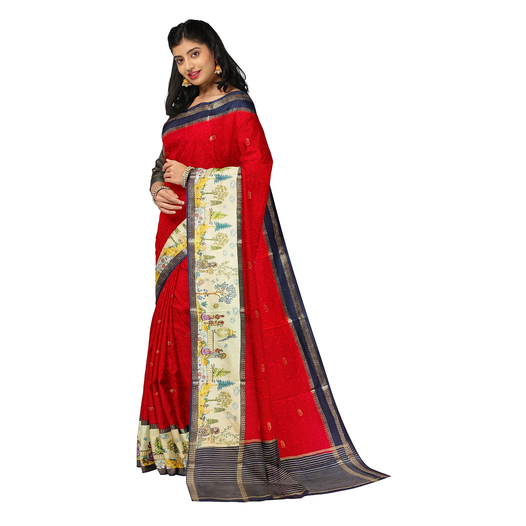 Red Saree – Floral Work & Traditional Printed Border – Shop Online