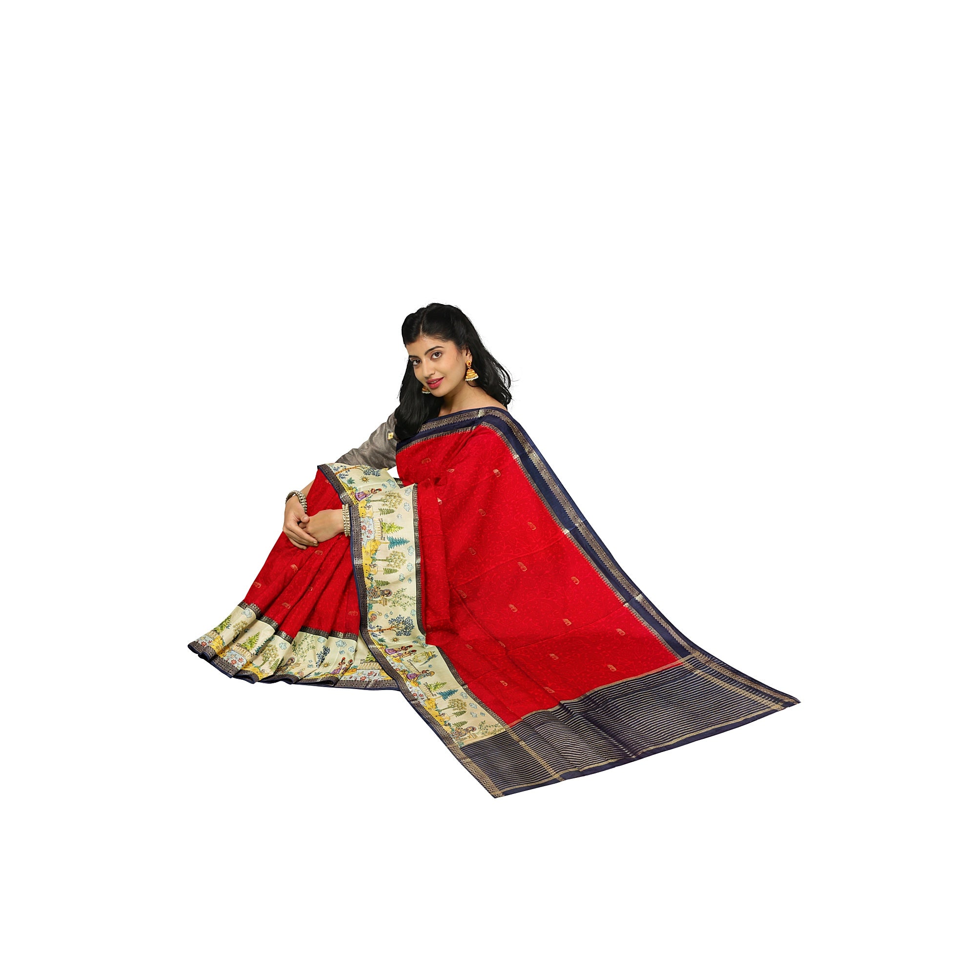 Red Saree – Floral Work & Traditional Printed Border – Shop Online