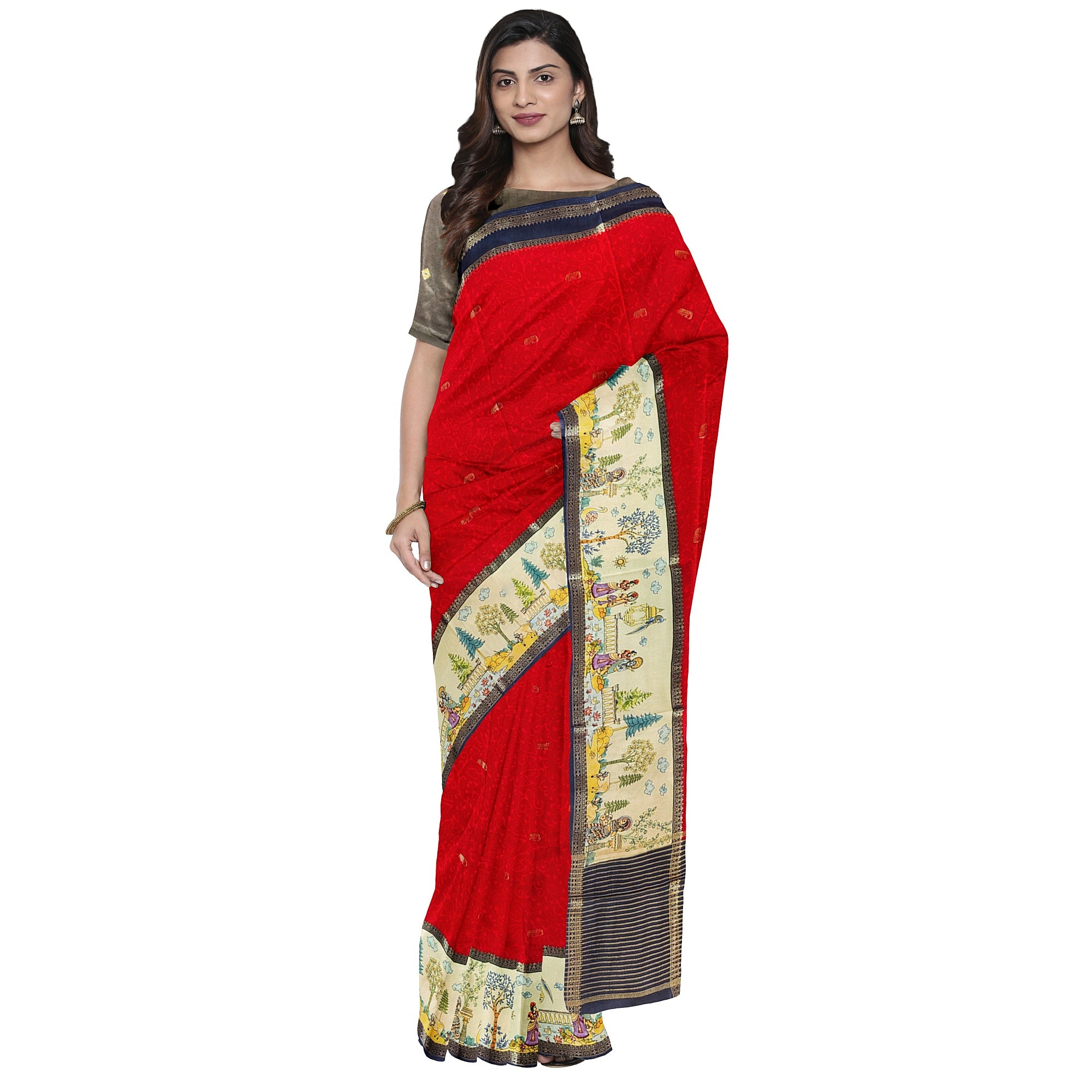 Red Saree – Floral Work & Traditional Printed Border – Shop Online