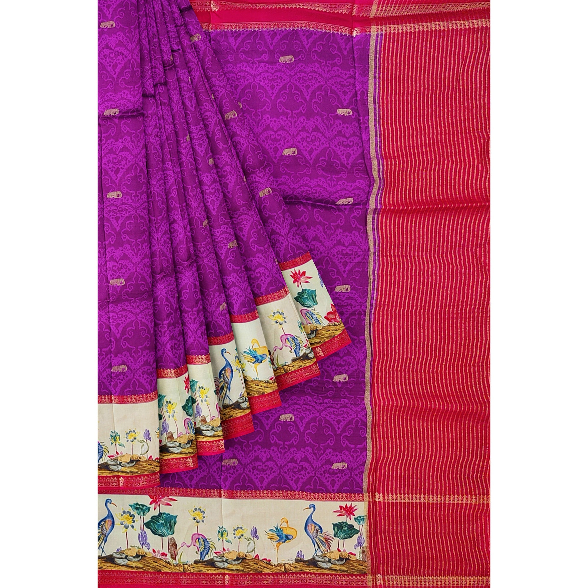 Purple Printed Saree – Flamingo Border Work – Shop Online