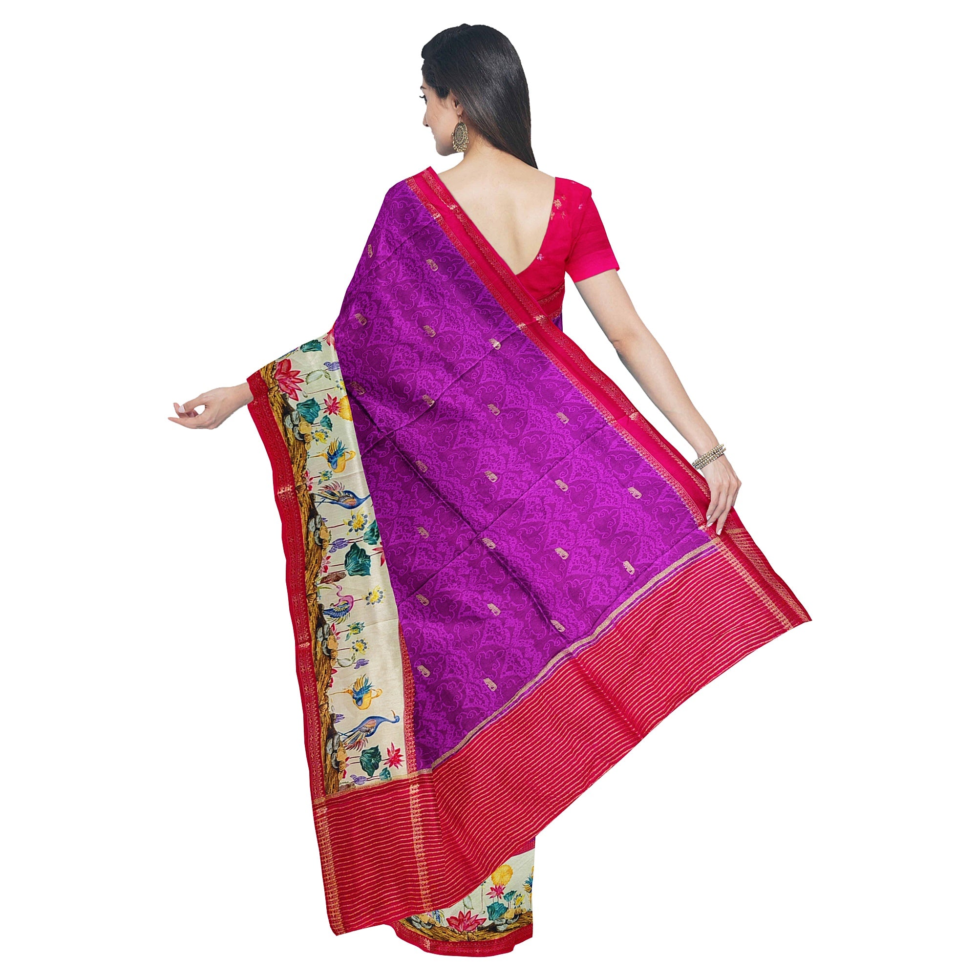 Purple Printed Saree – Flamingo Border Work – Shop Online