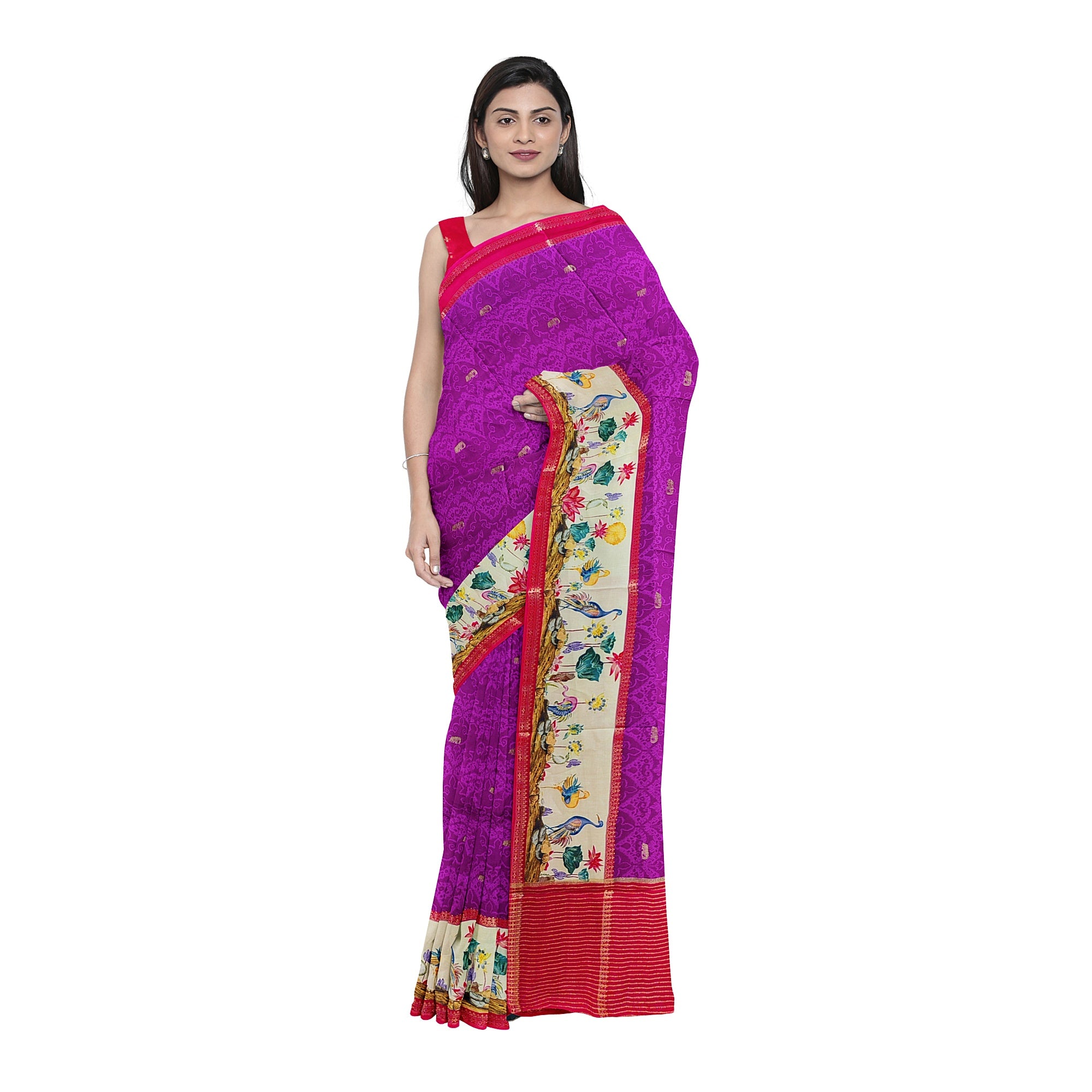Purple Printed Saree – Flamingo Border Work – Shop Online