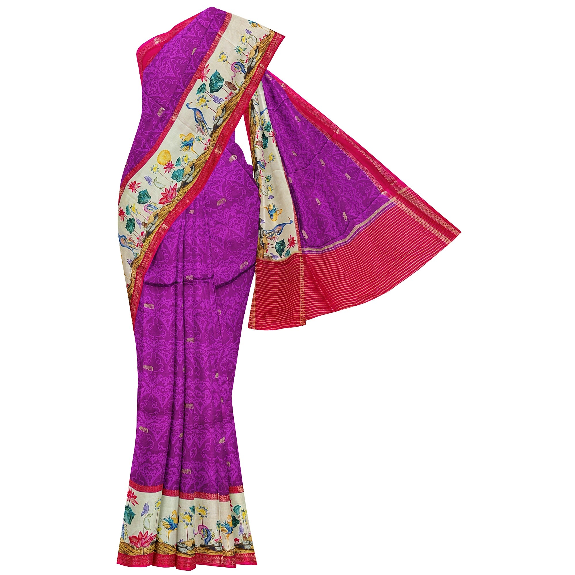 Purple Printed Saree – Flamingo Border Work – Shop Online