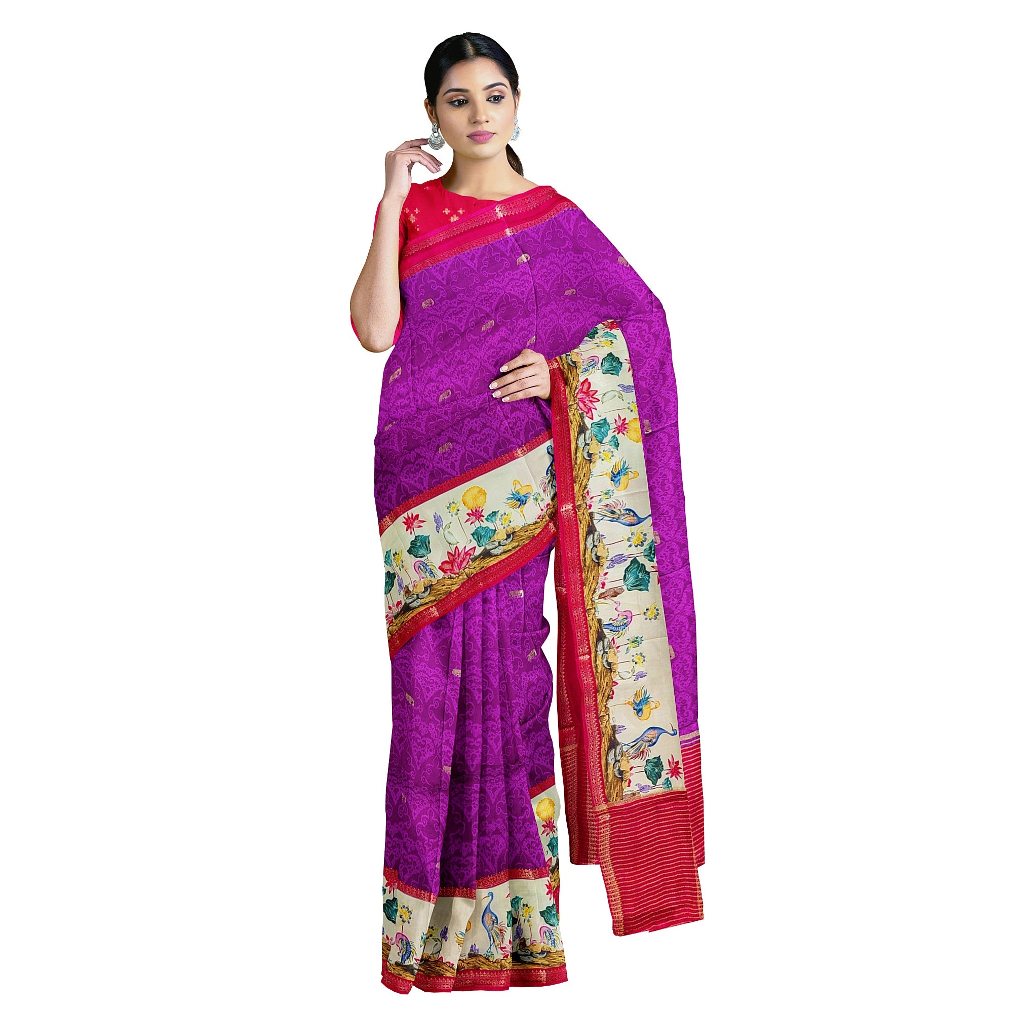 Purple Printed Saree – Flamingo Border Work – Shop Online