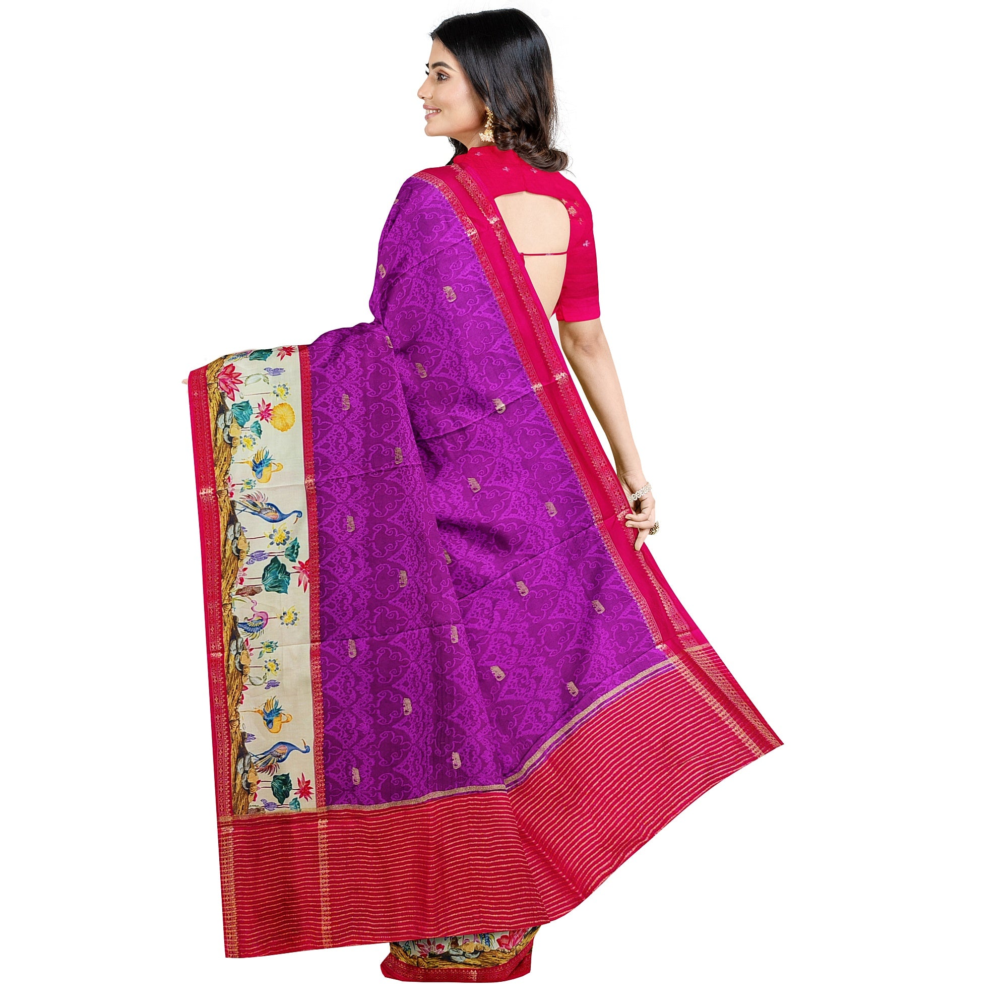 Purple Printed Saree – Flamingo Border Work – Shop Online