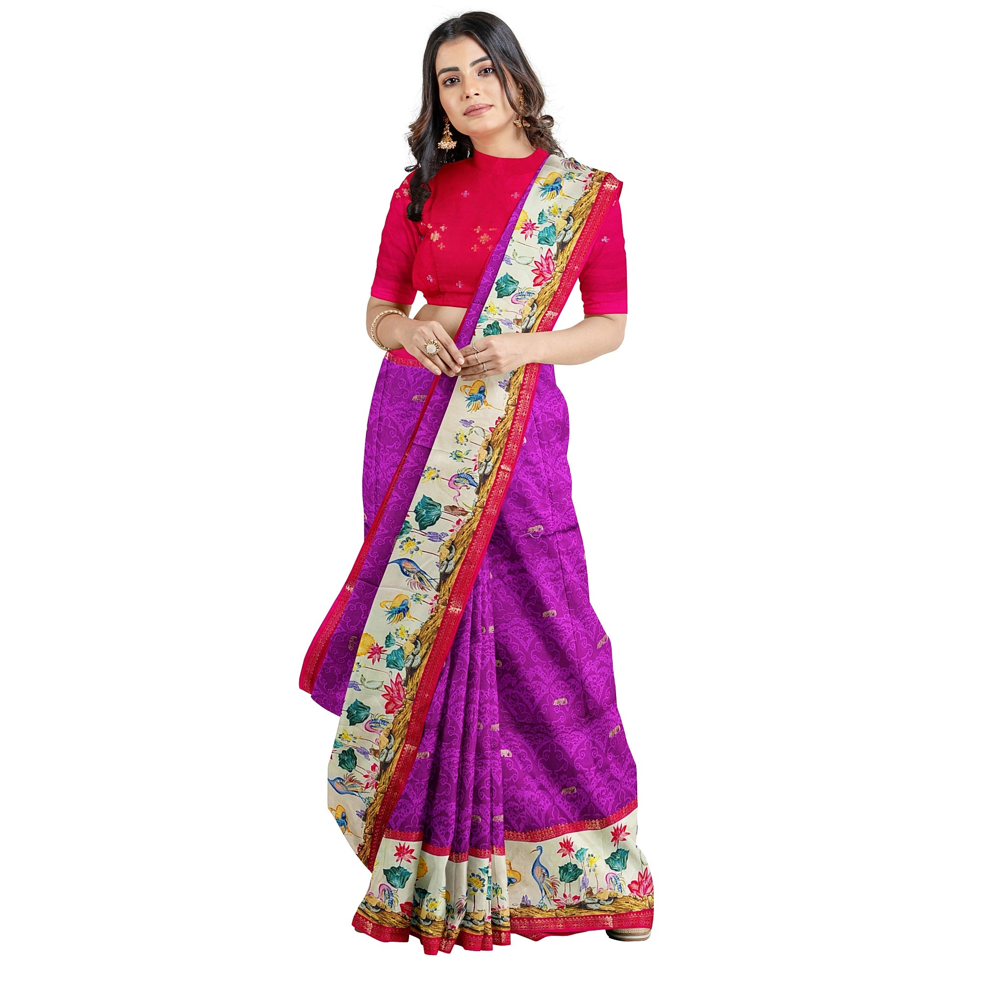 Purple Printed Saree – Flamingo Border Work – Shop Online