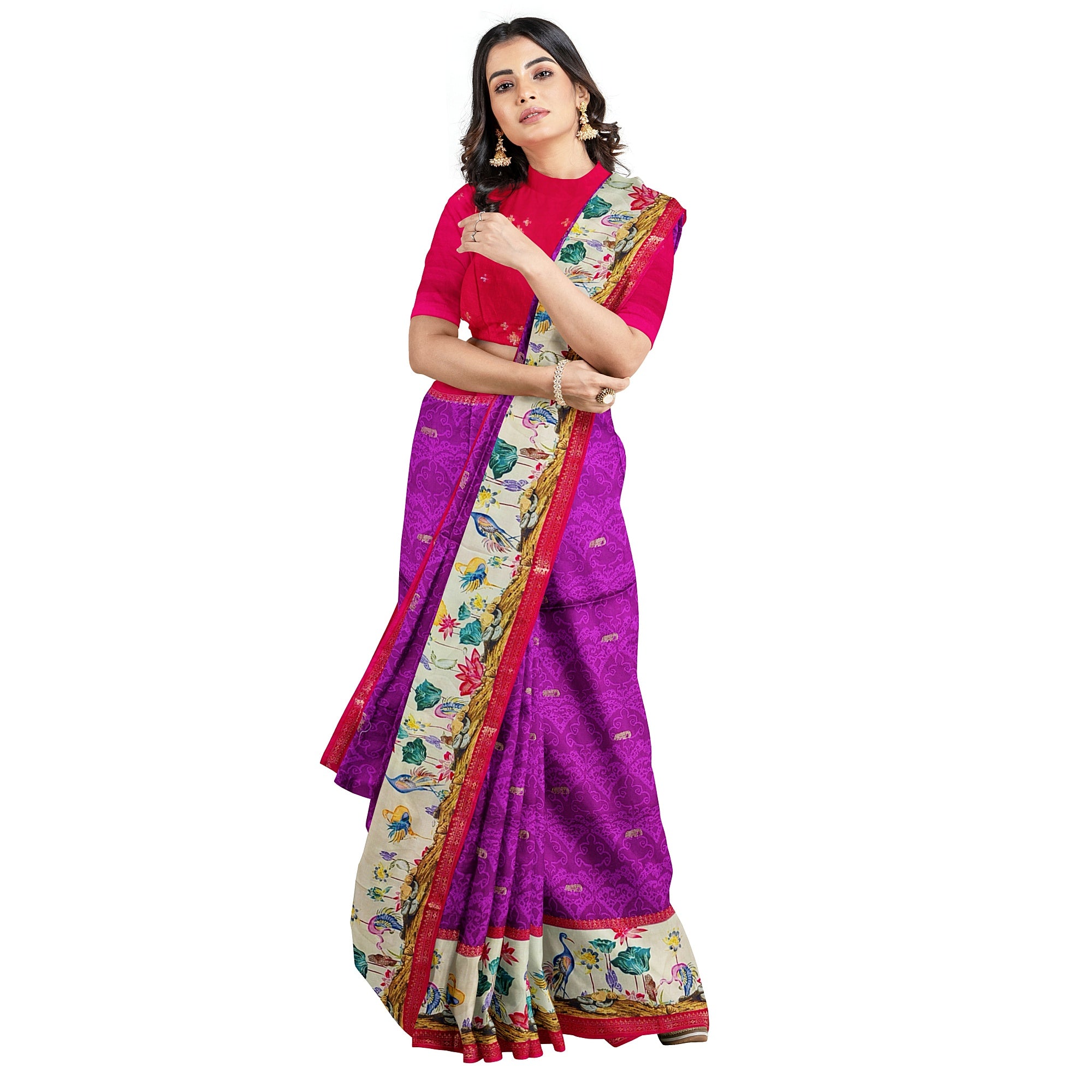 Purple Printed Saree – Flamingo Border Work – Shop Online