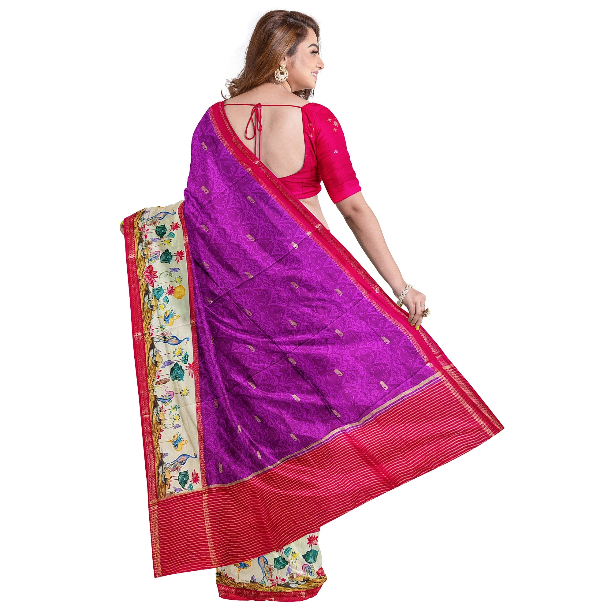 Purple Printed Saree – Flamingo Border Work – Shop Online