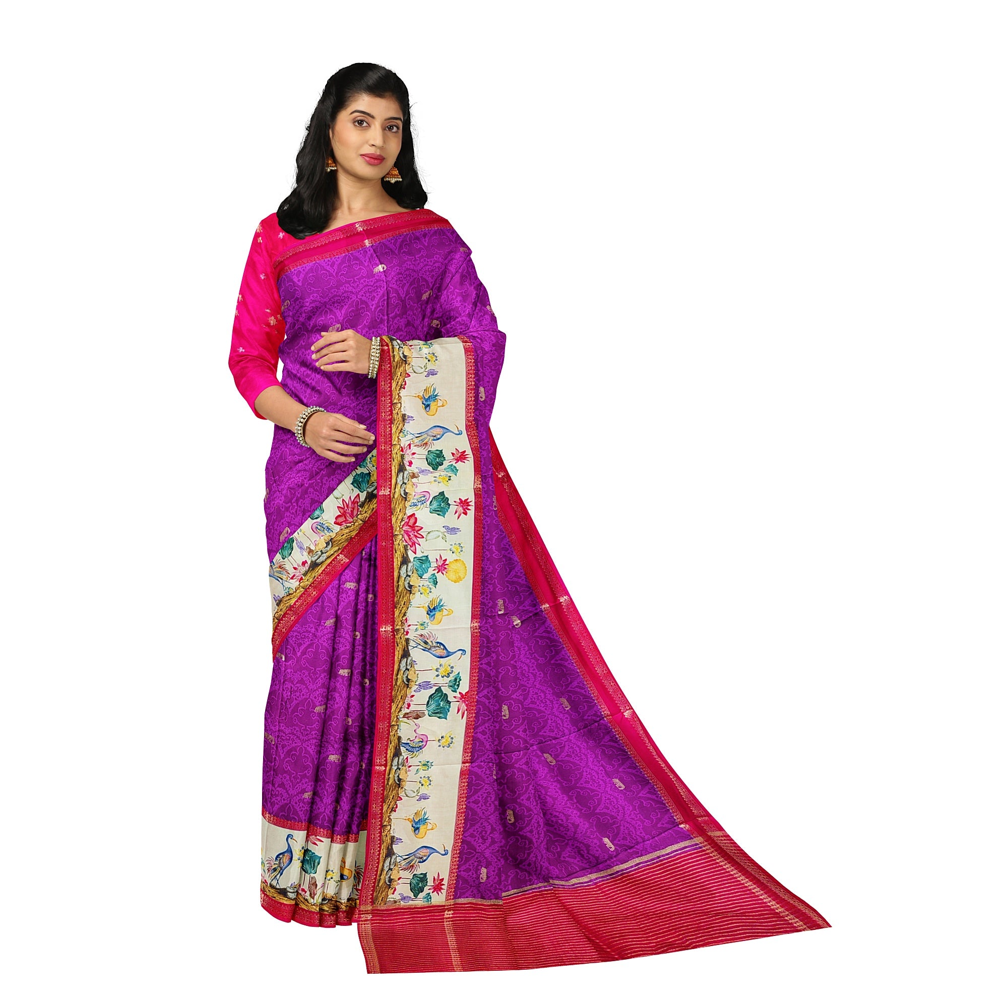Purple Printed Saree – Flamingo Border Work – Shop Online