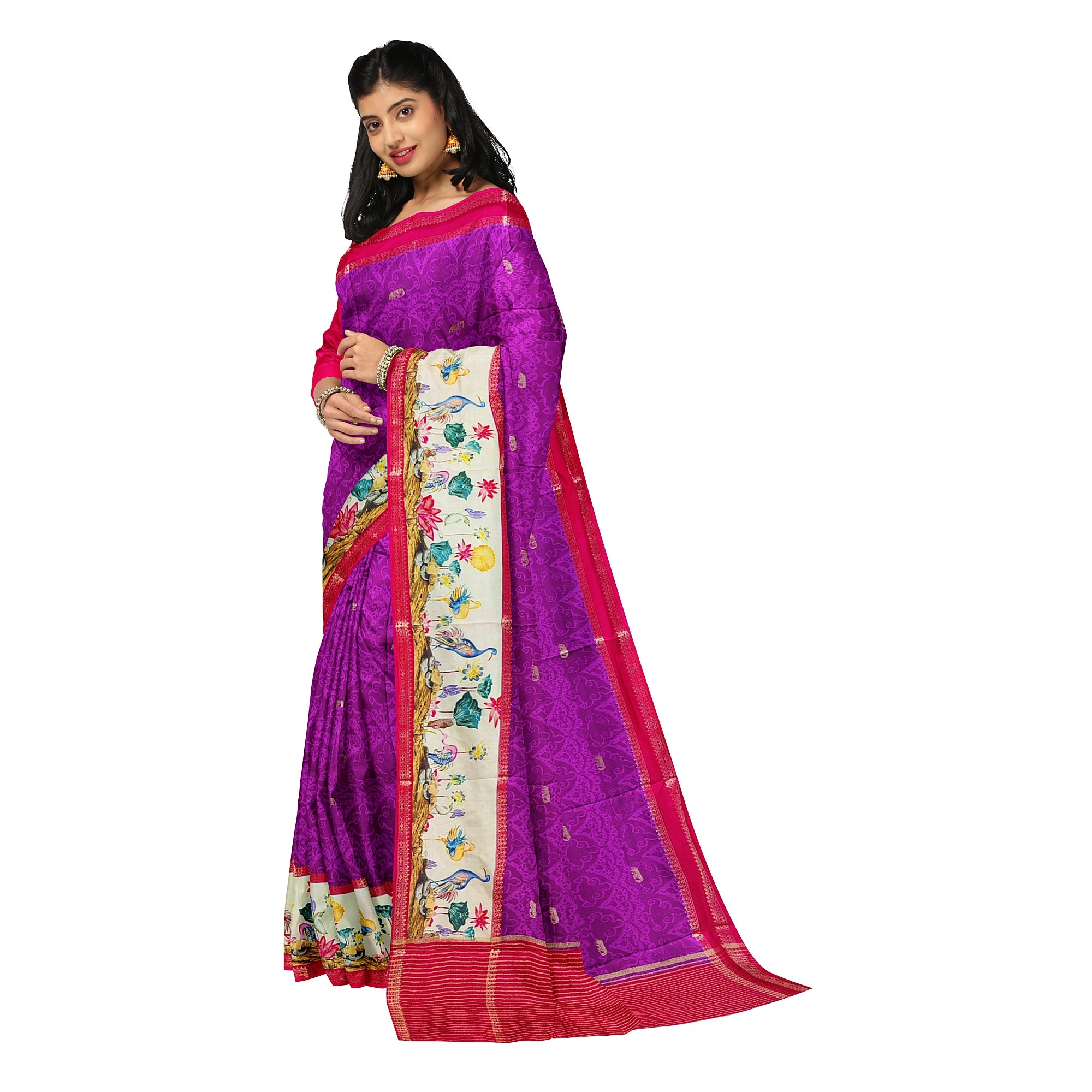 Purple Printed Saree – Flamingo Border Work – Shop Online