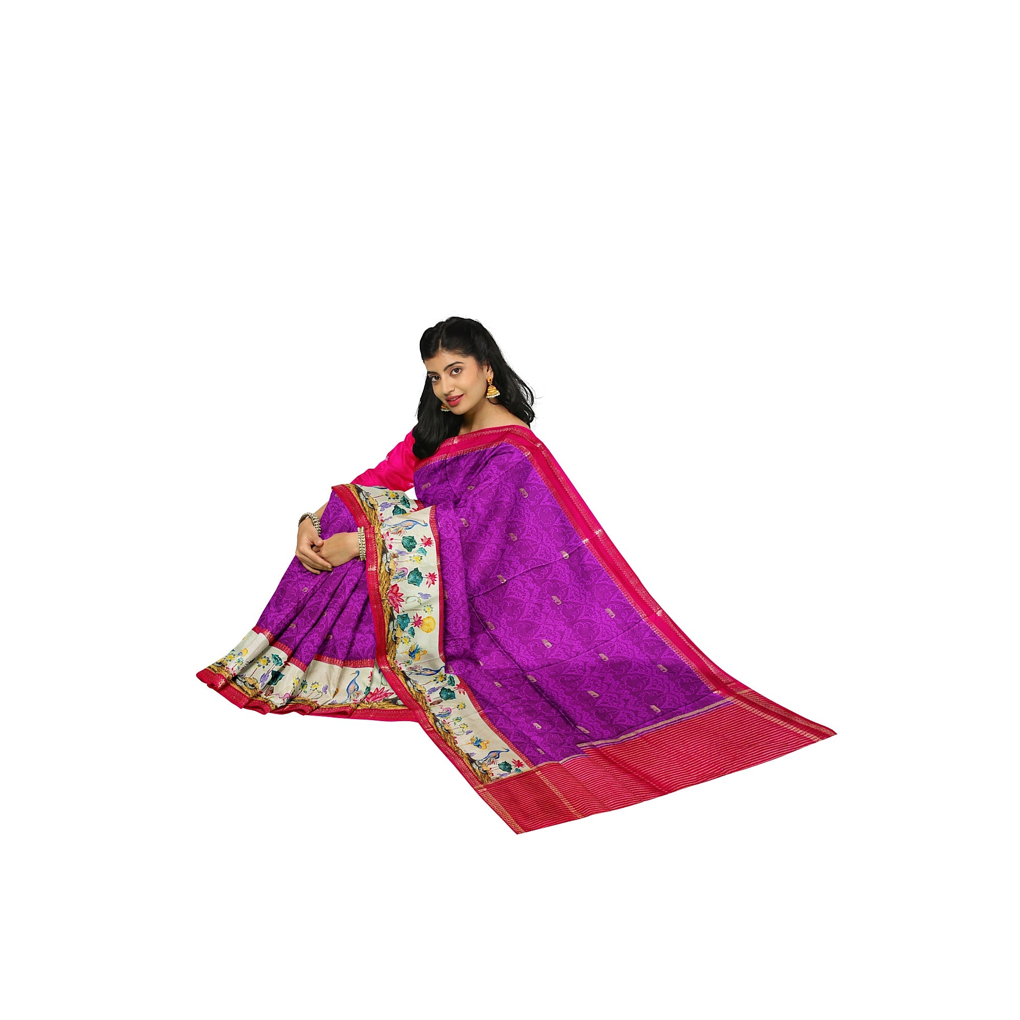 Purple Printed Saree – Flamingo Border Work – Shop Online