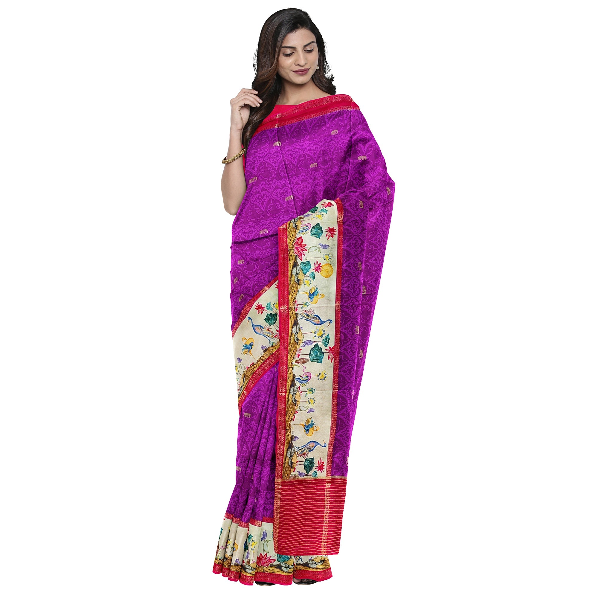 Purple Printed Saree – Flamingo Border Work – Shop Online