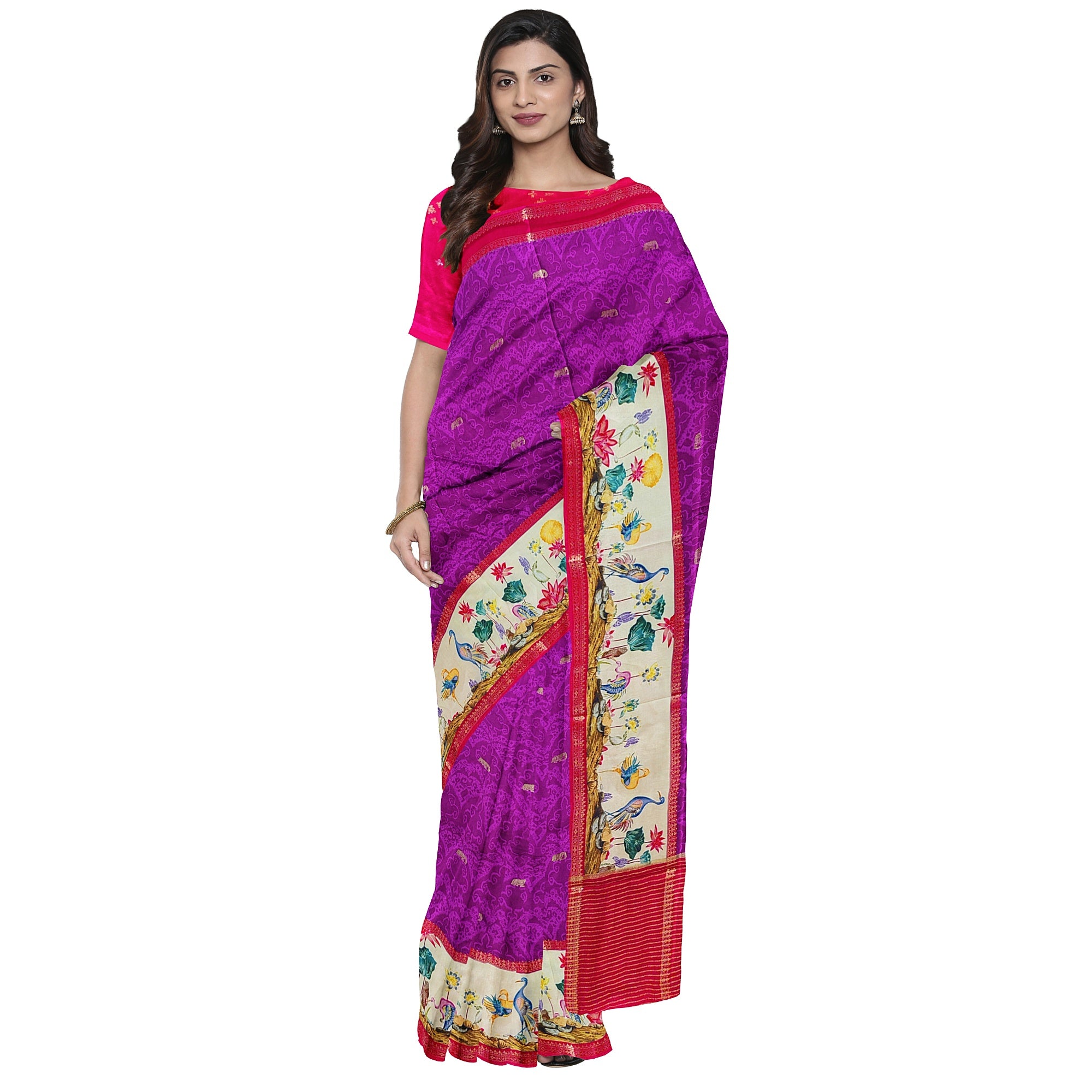 Purple Printed Saree – Flamingo Border Work – Shop Online