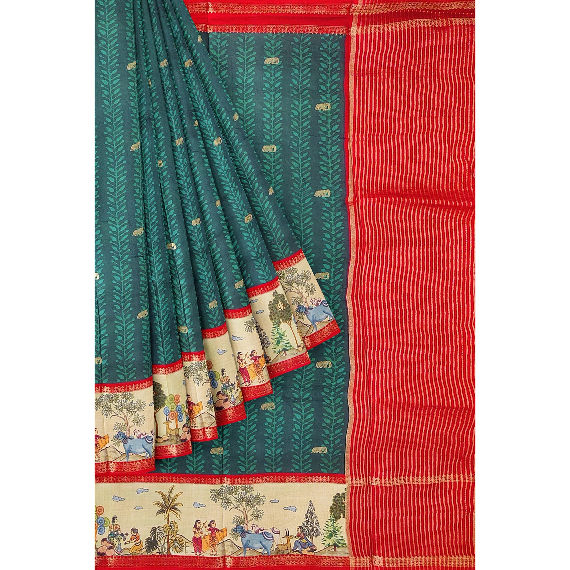 Bottle Green Saree – Elephant Motifs & Ancient Border – Shop Online