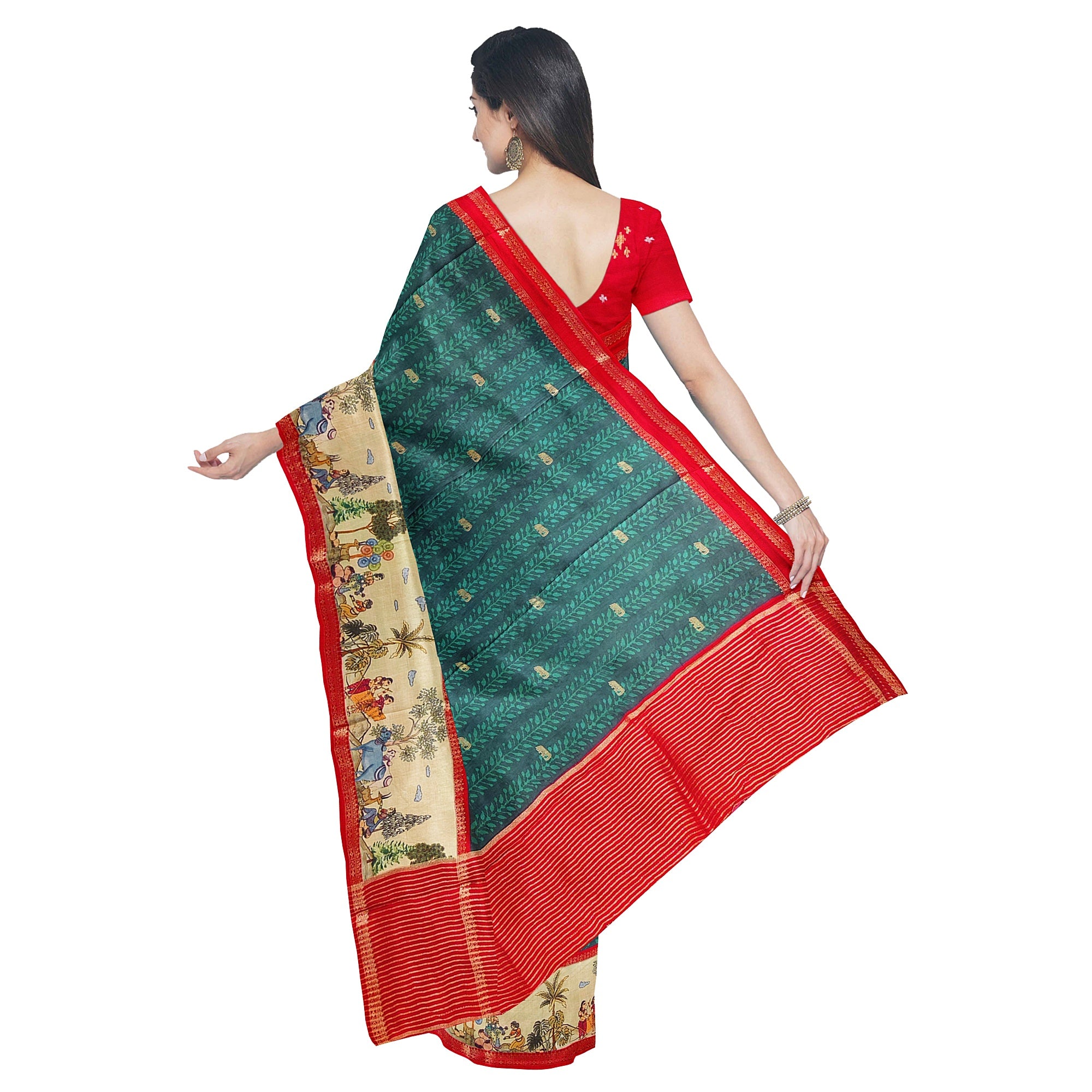 Bottle Green Saree – Elephant Motifs & Ancient Border – Shop Online