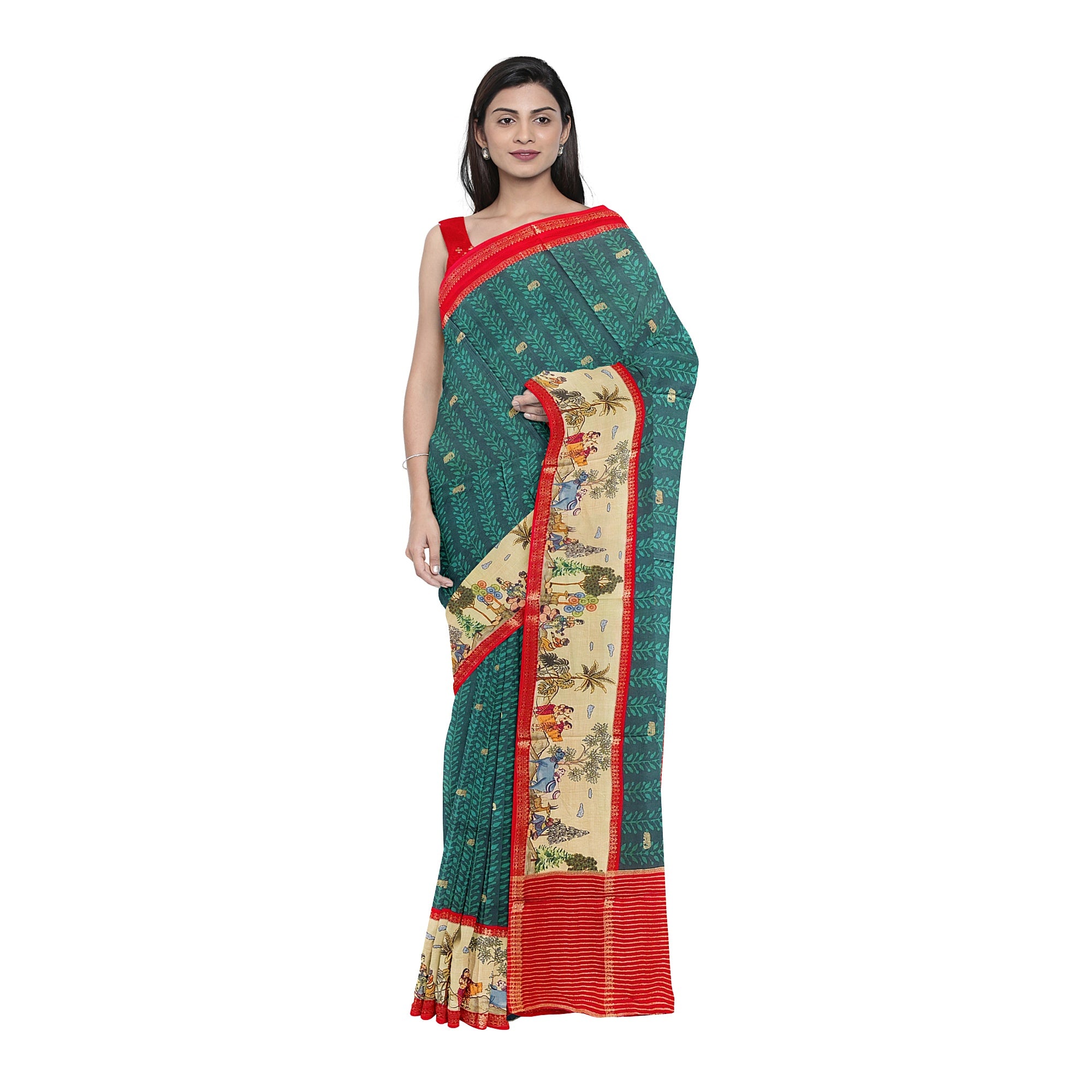 Bottle Green Saree – Elephant Motifs & Ancient Border – Shop Online