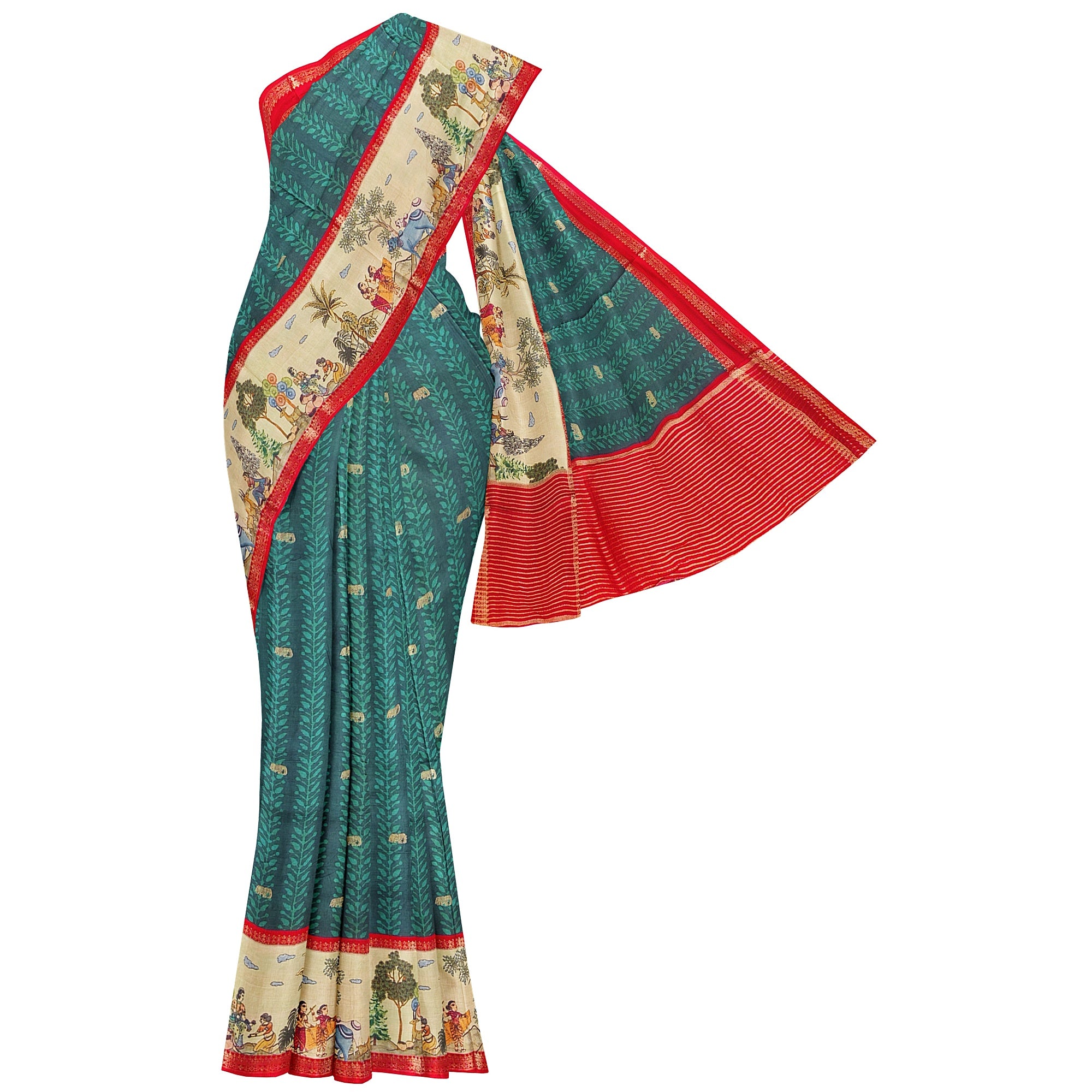 Bottle Green Saree – Elephant Motifs & Ancient Border – Shop Online