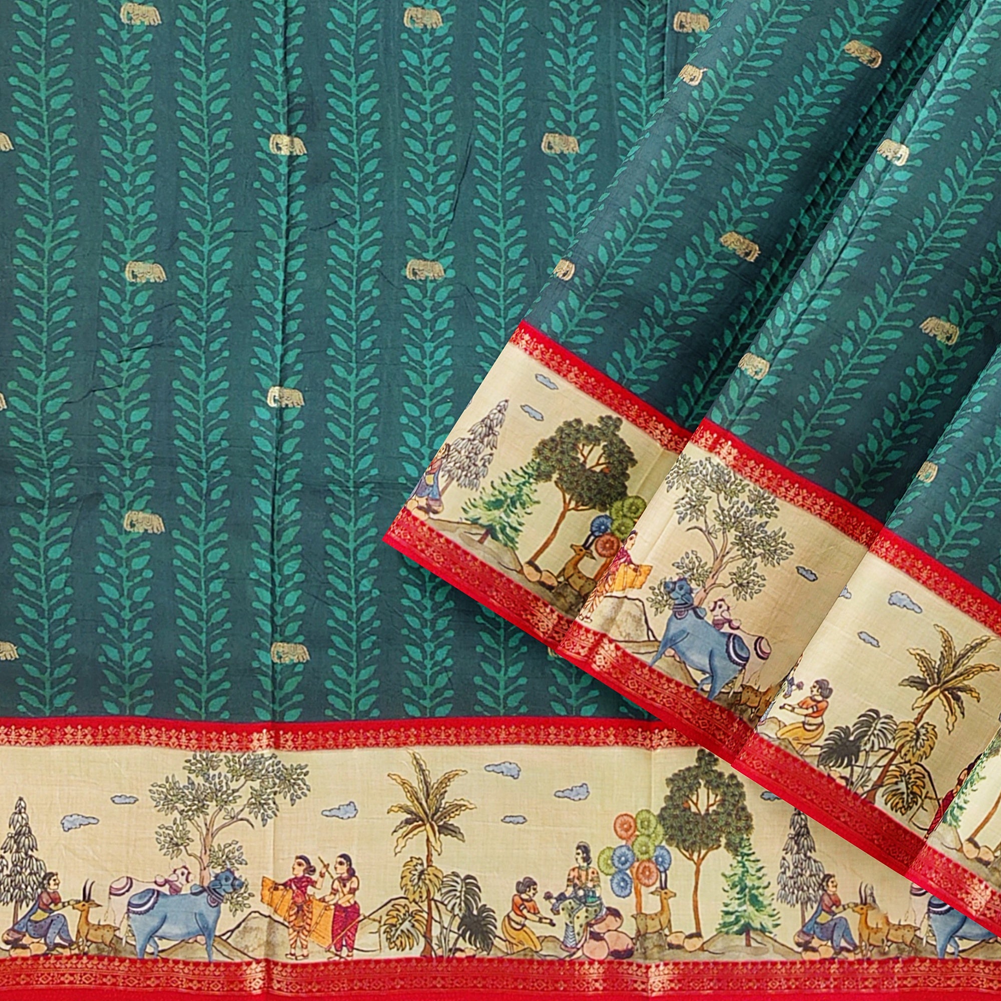 Bottle Green Saree – Elephant Motifs & Ancient Border – Shop Online
