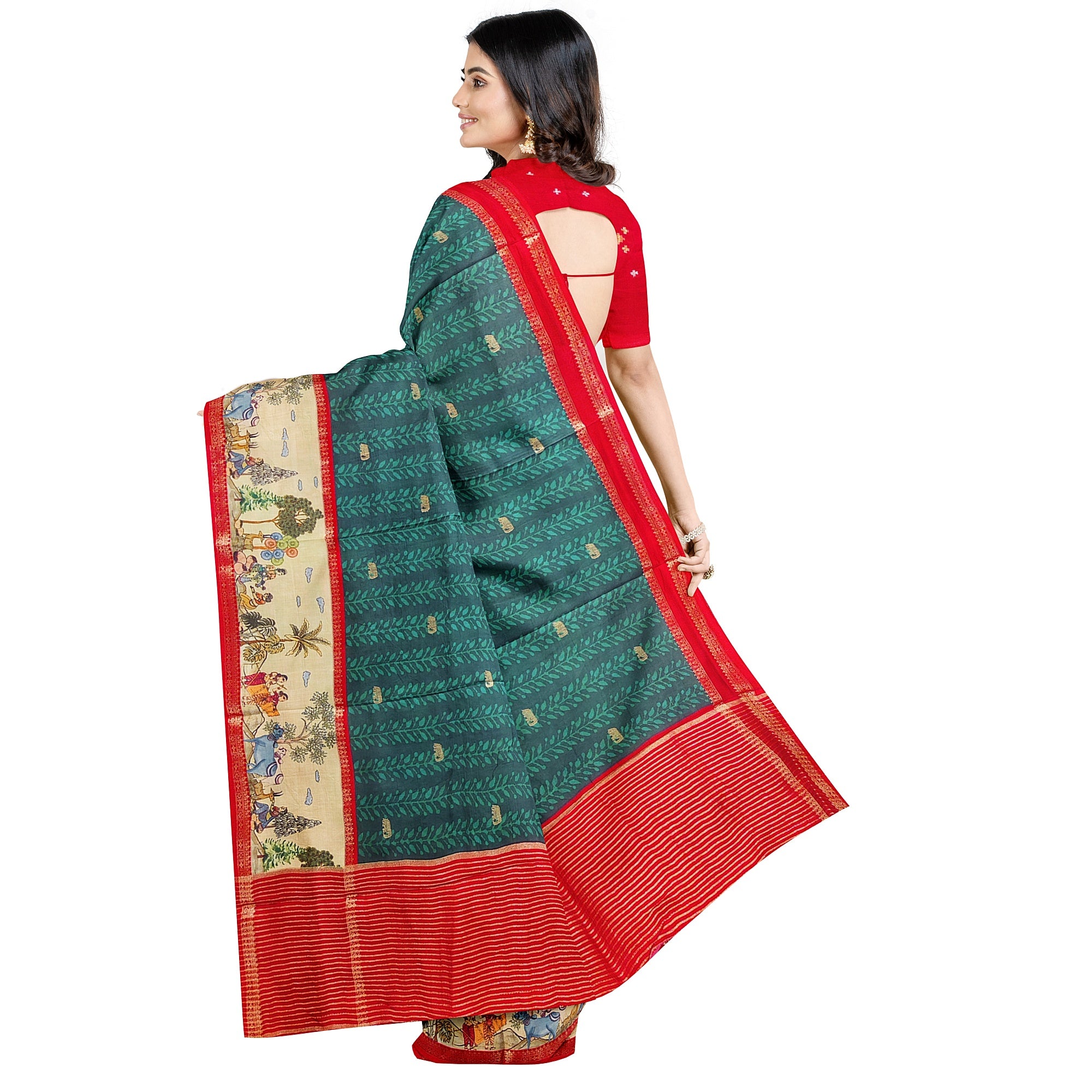 Bottle Green Saree – Elephant Motifs & Ancient Border – Shop Online
