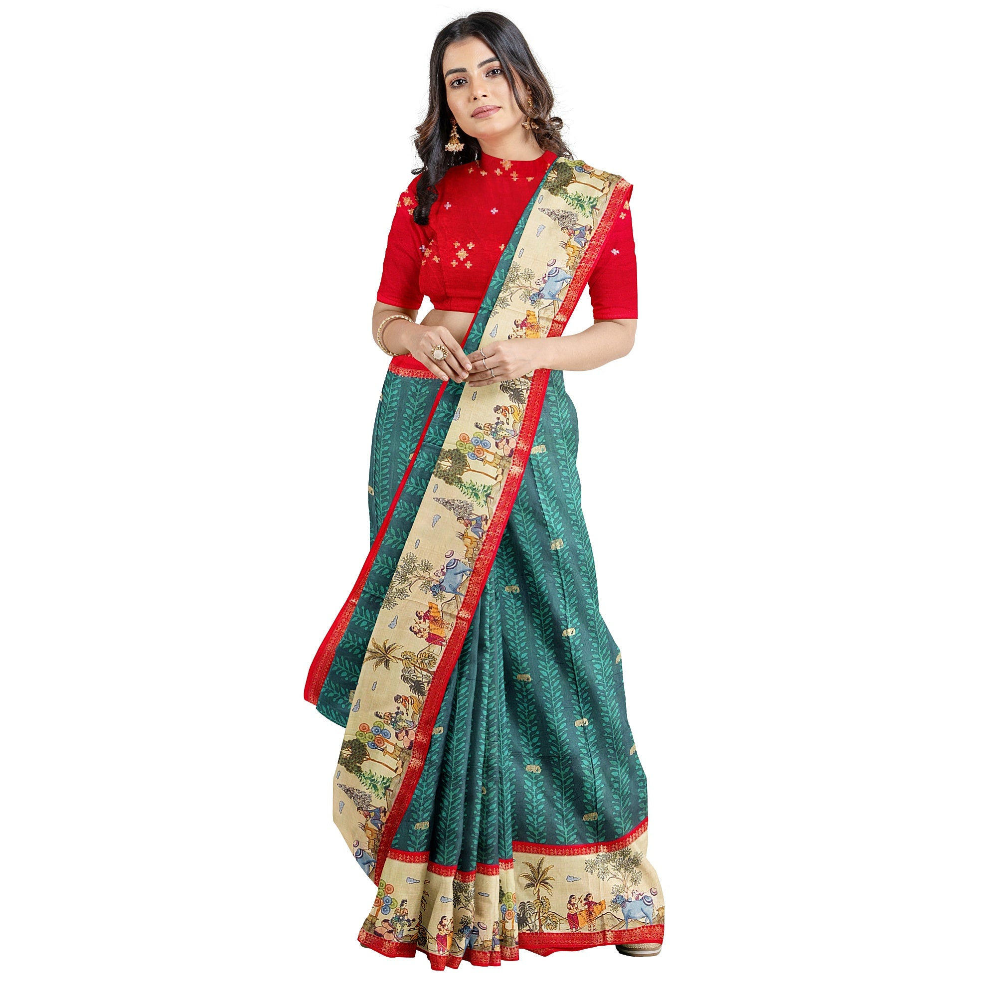 Bottle Green Saree – Elephant Motifs & Ancient Border – Shop Online