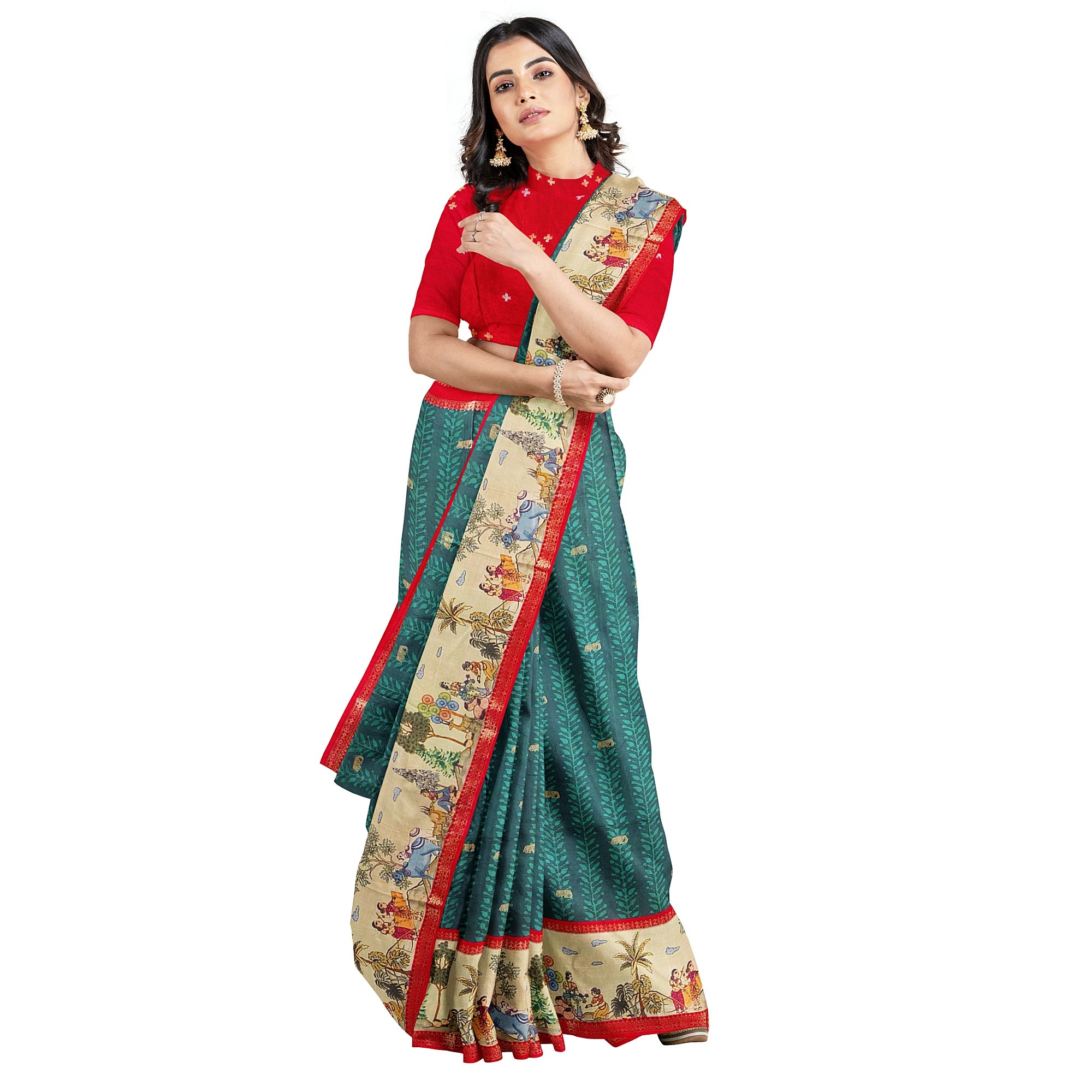 Bottle Green Saree – Elephant Motifs & Ancient Border – Shop Online