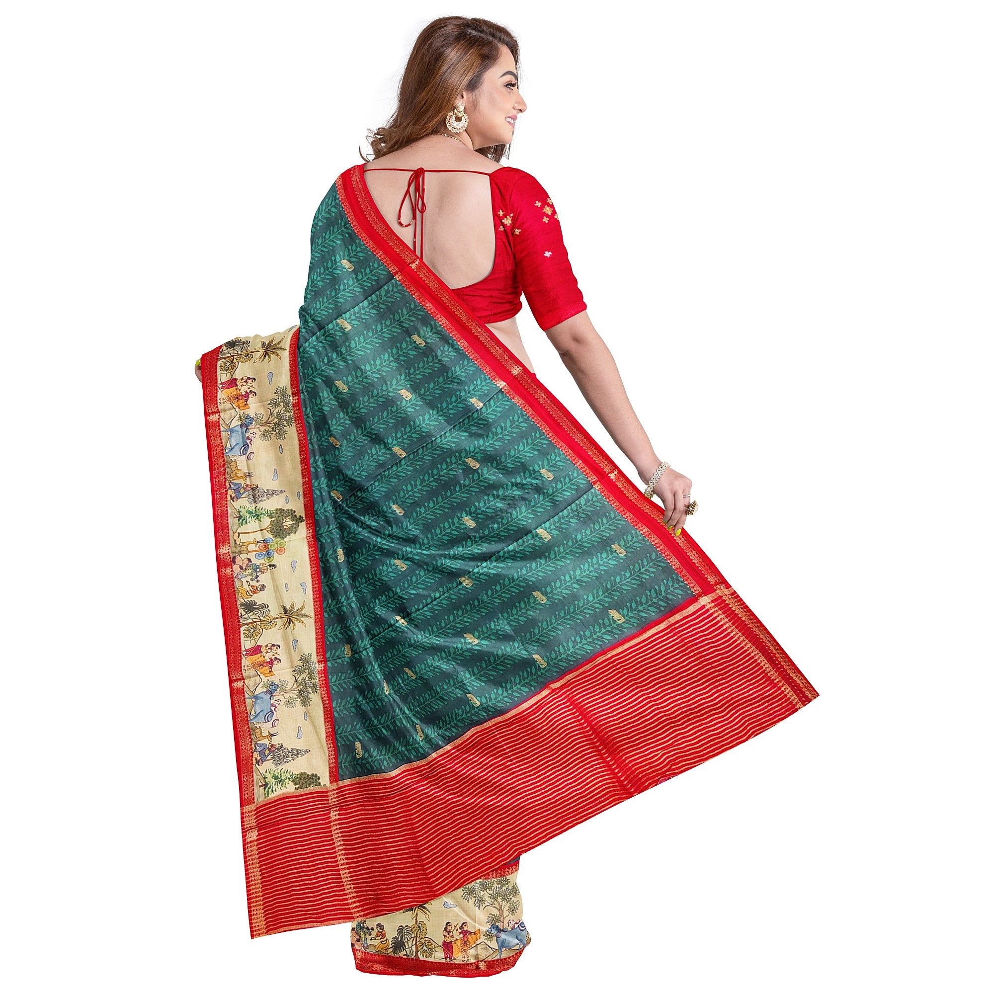 Bottle Green Saree – Elephant Motifs & Ancient Border – Shop Online