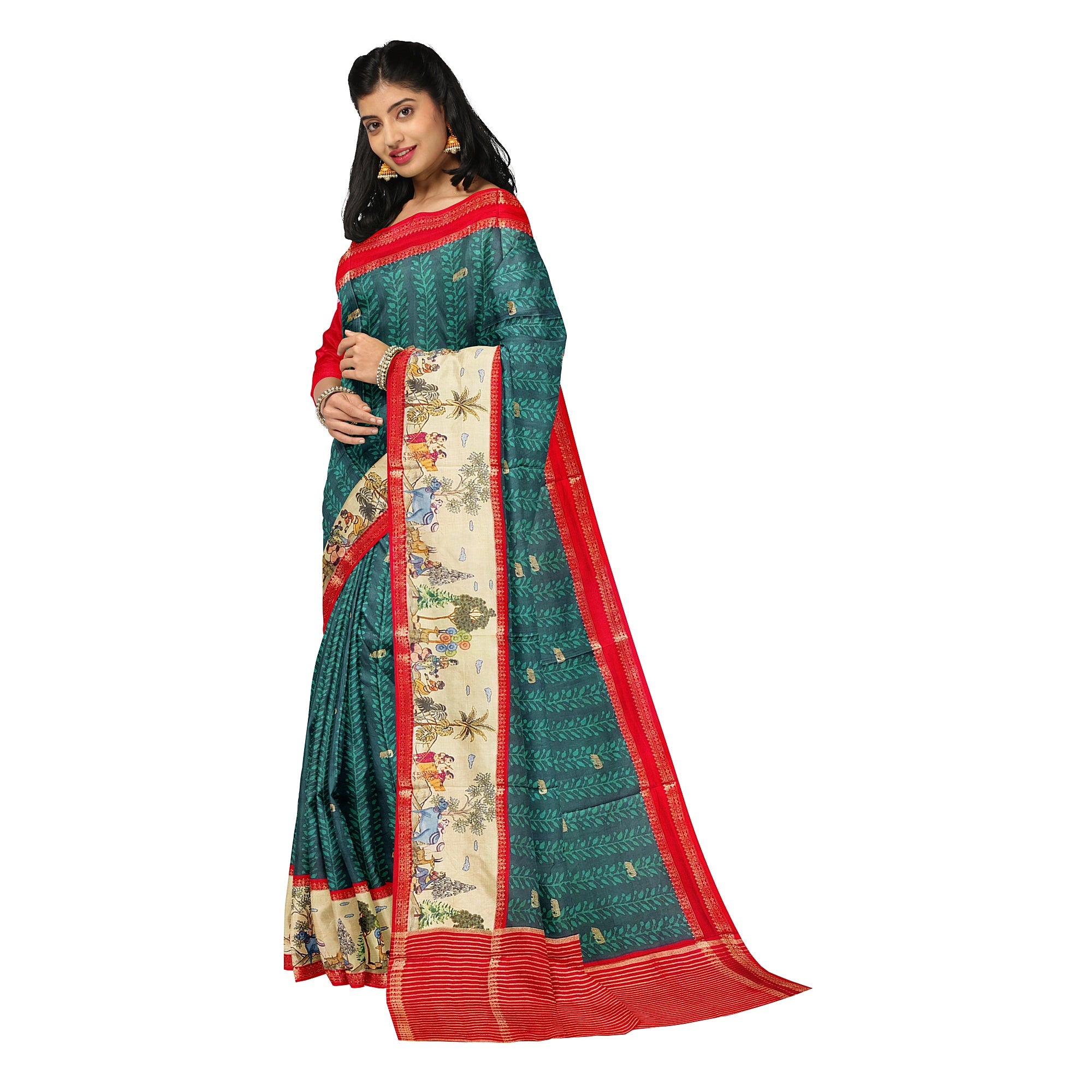 Bottle Green Saree – Elephant Motifs & Ancient Border – Shop Online
