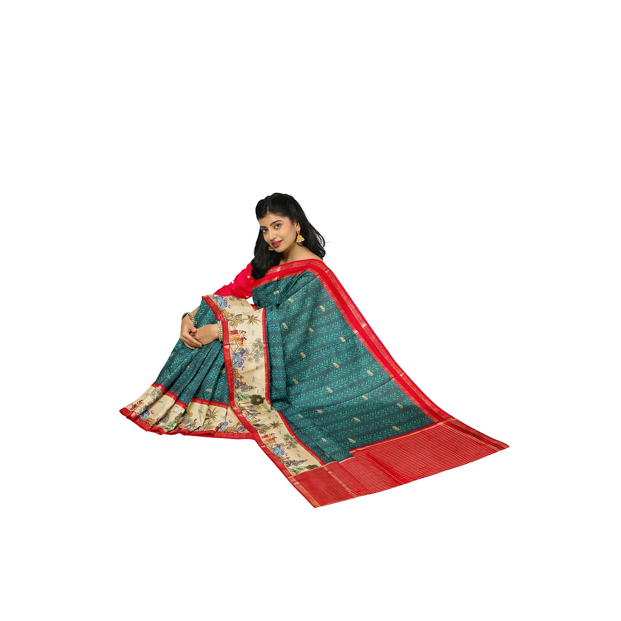 Bottle Green Saree – Elephant Motifs & Ancient Border – Shop Online