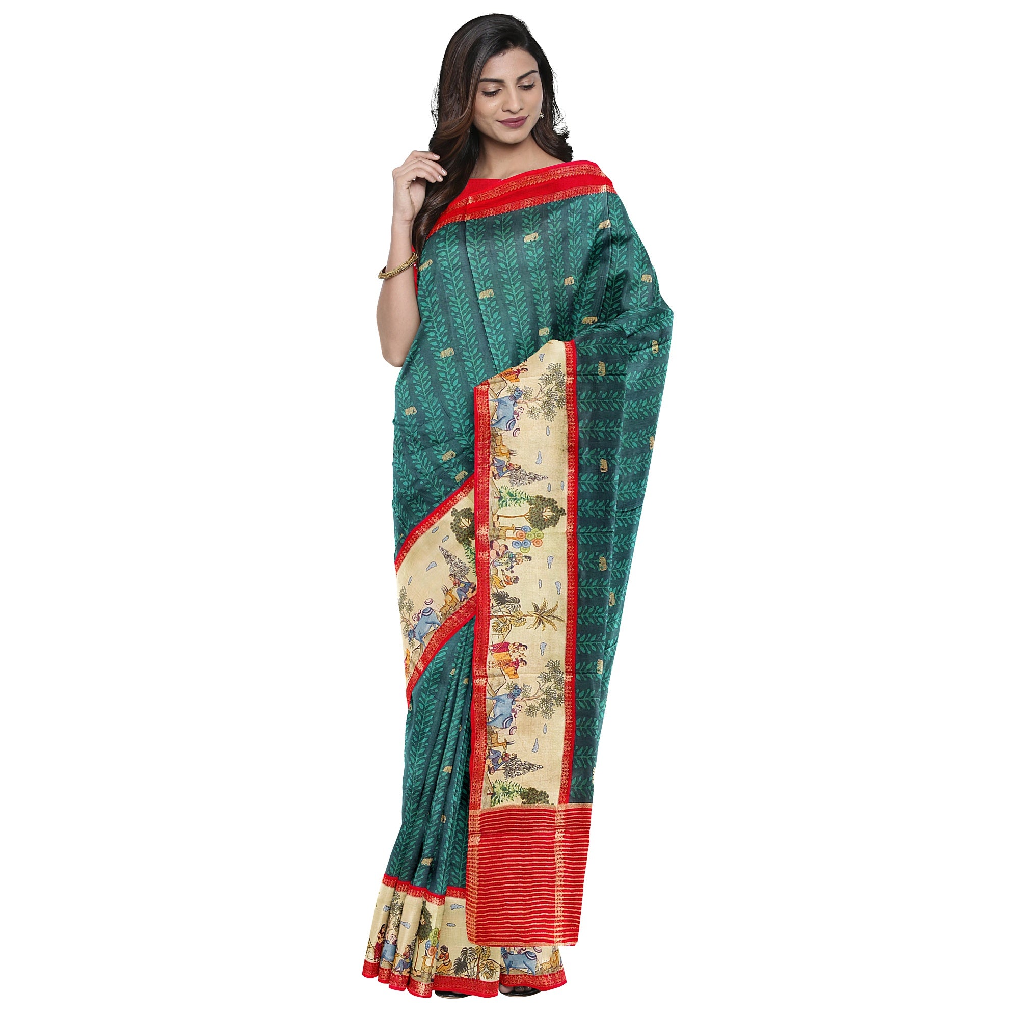Bottle Green Saree – Elephant Motifs & Ancient Border – Shop Online
