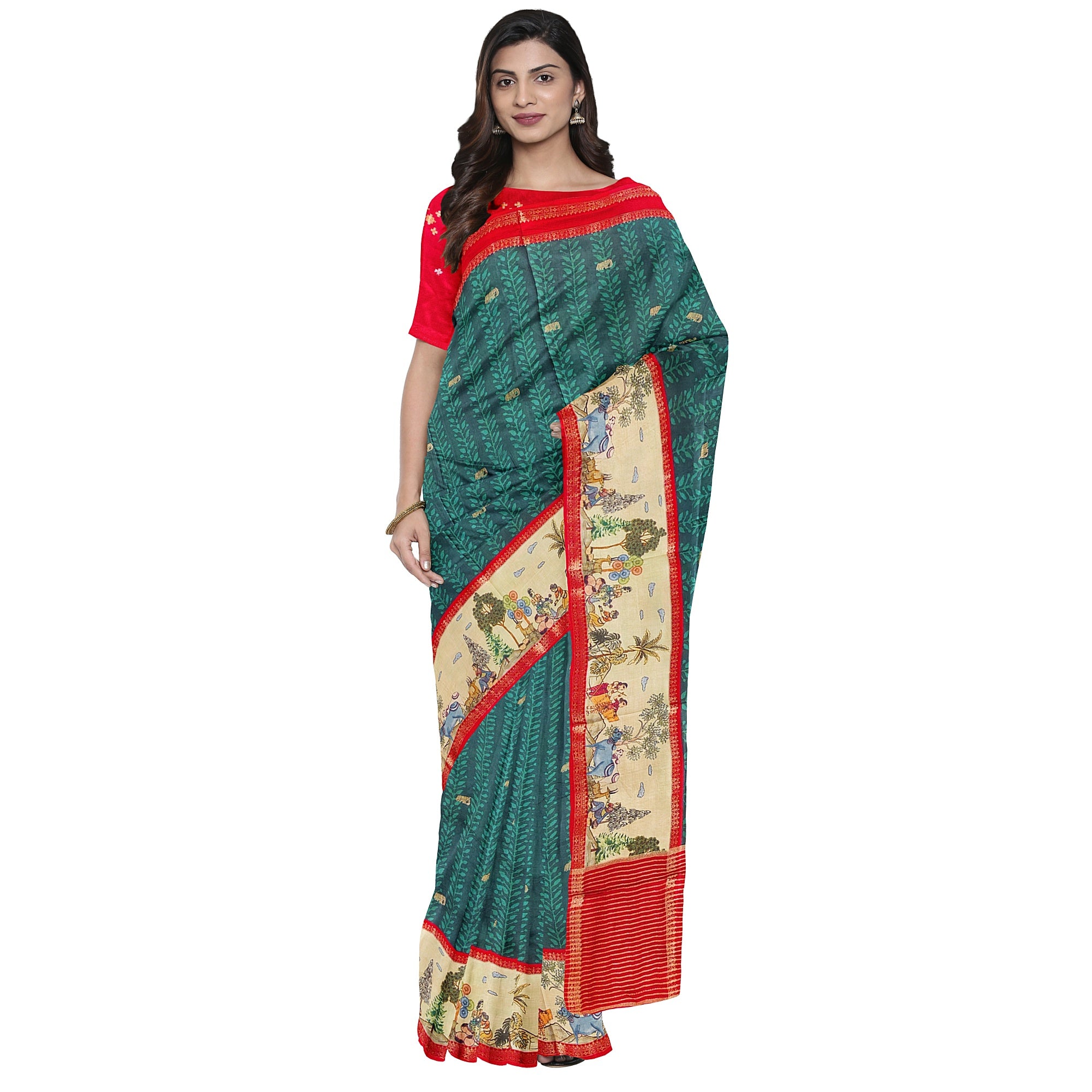 Bottle Green Saree – Elephant Motifs & Ancient Border – Shop Online