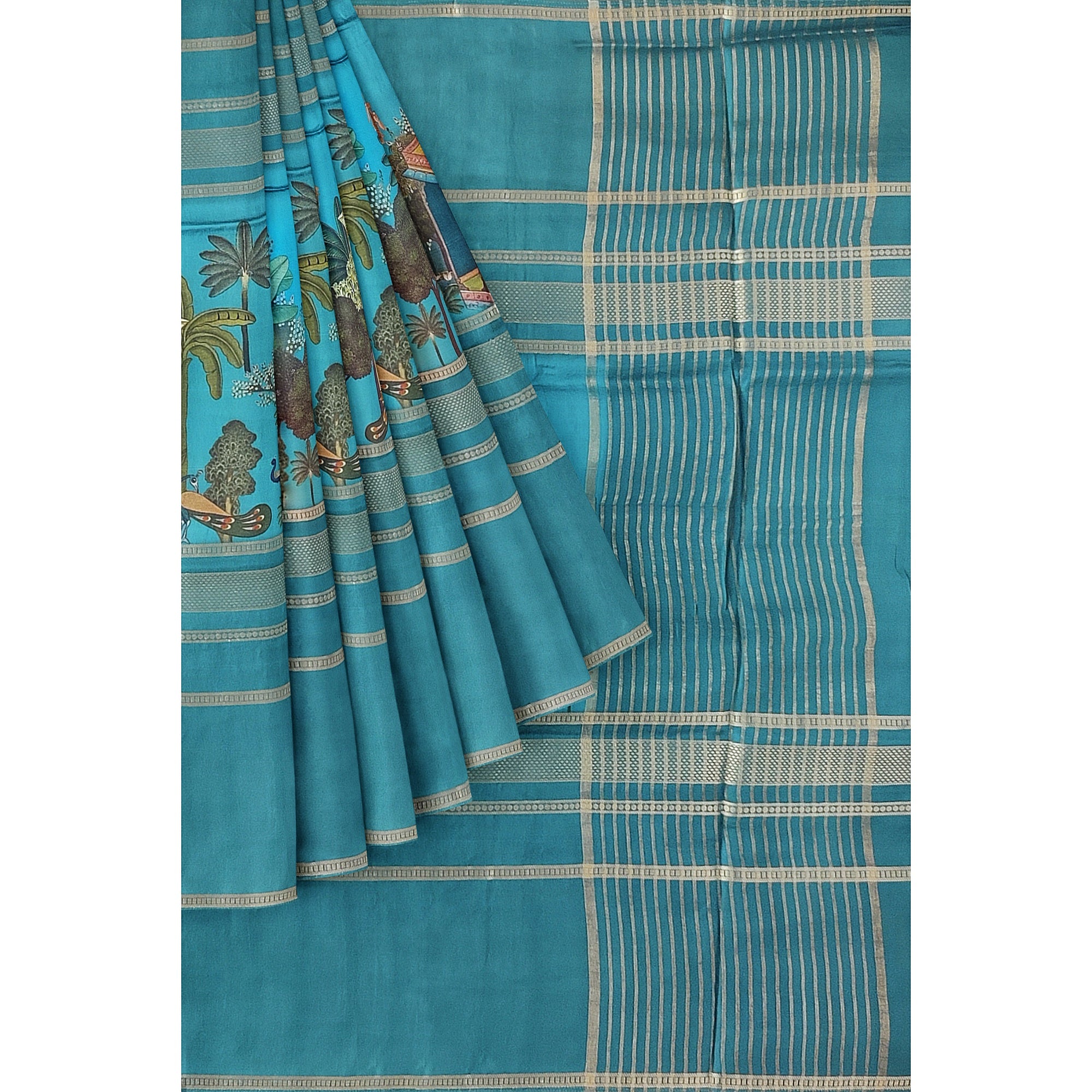 Rama Blue Printed Saree – Gold Border – Shop Online