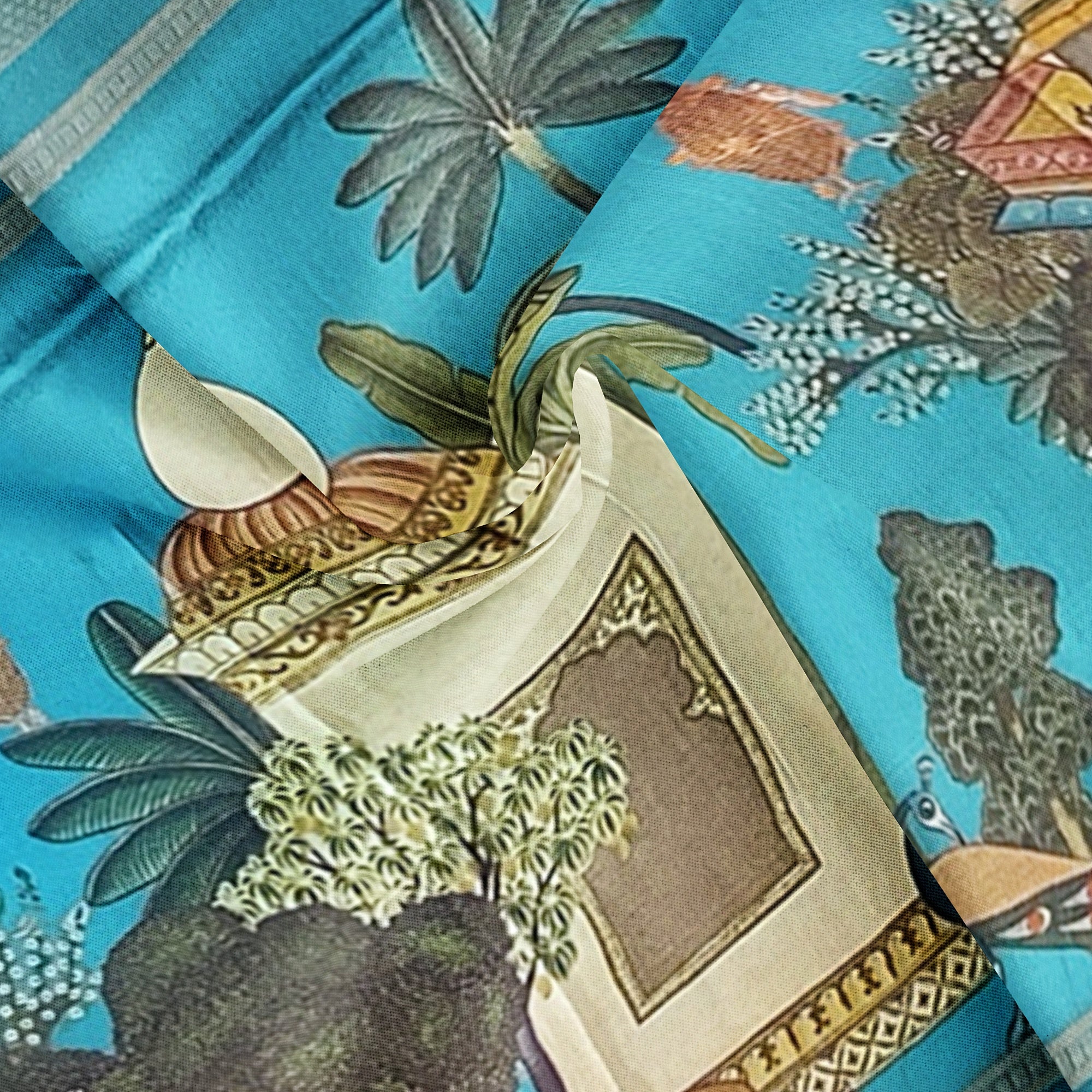 Rama Blue Printed Saree – Gold Border – Shop Online