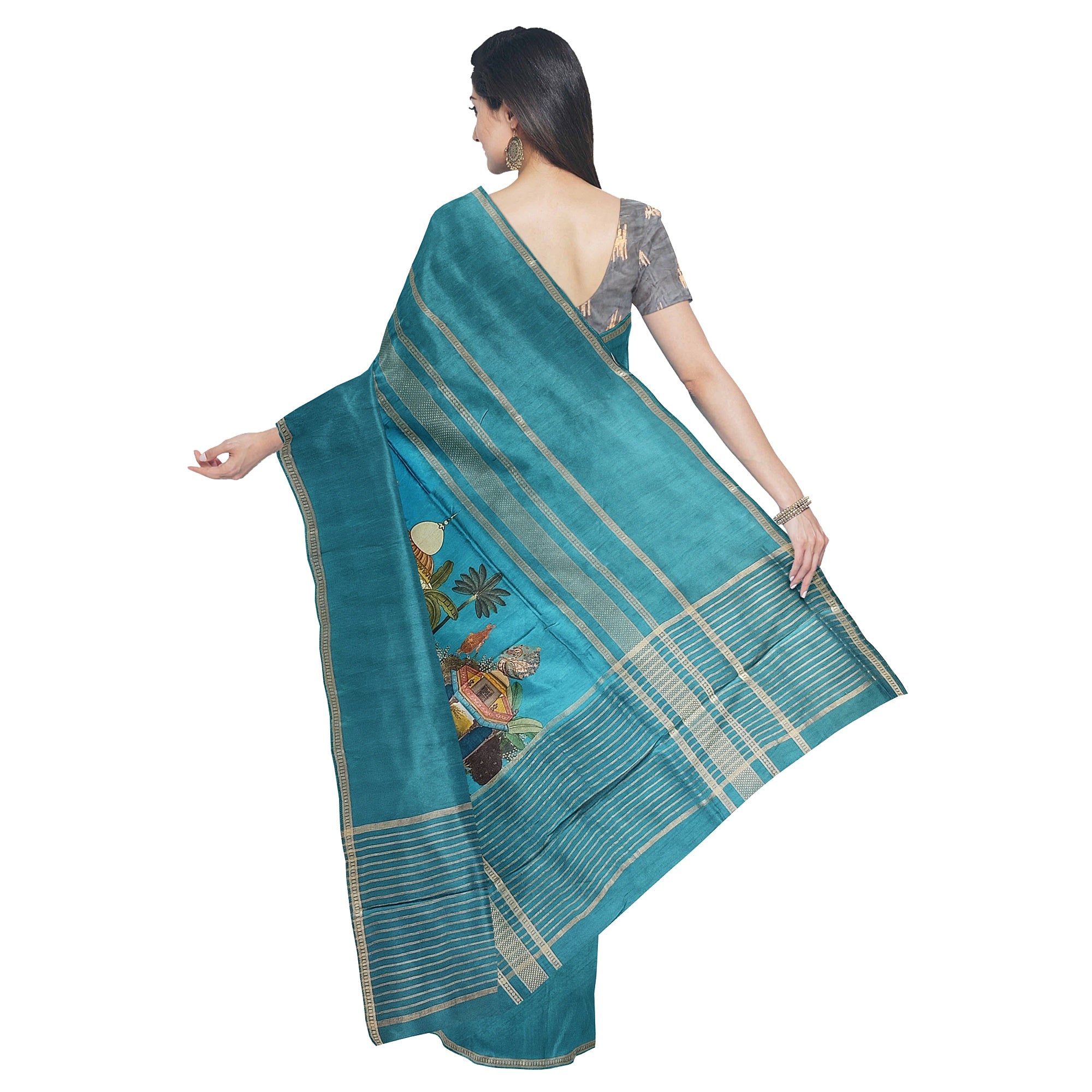 Rama Blue Printed Saree – Gold Border – Shop Online
