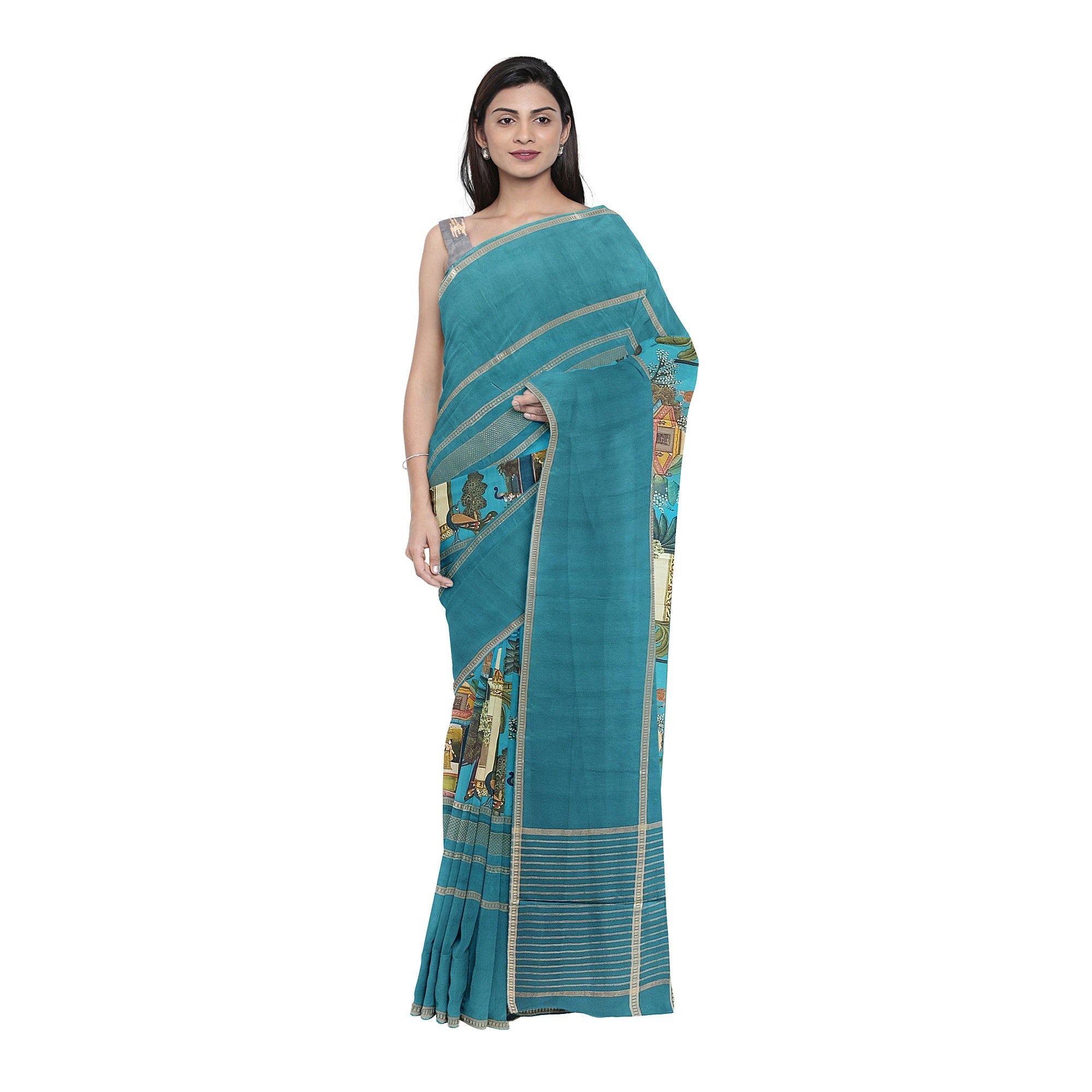 Rama Blue Printed Saree – Gold Border – Shop Online