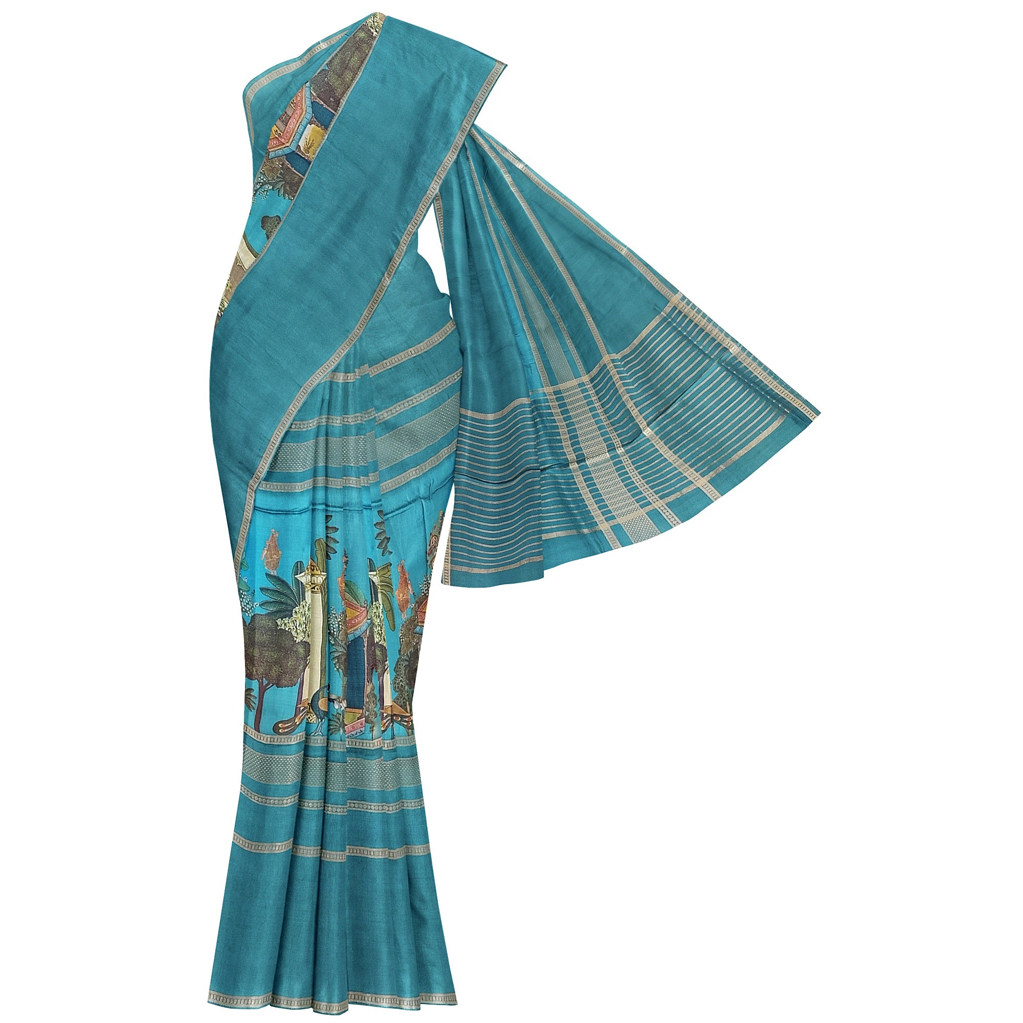 Rama Blue Printed Saree – Gold Border – Shop Online