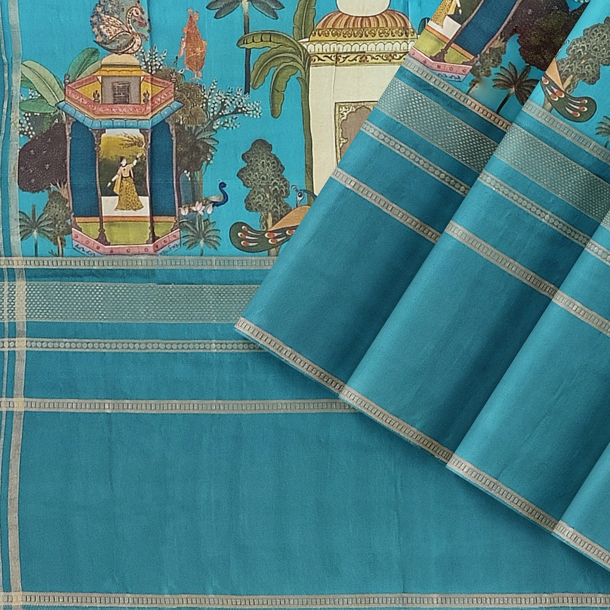 Rama Blue Printed Saree – Gold Border – Shop Online