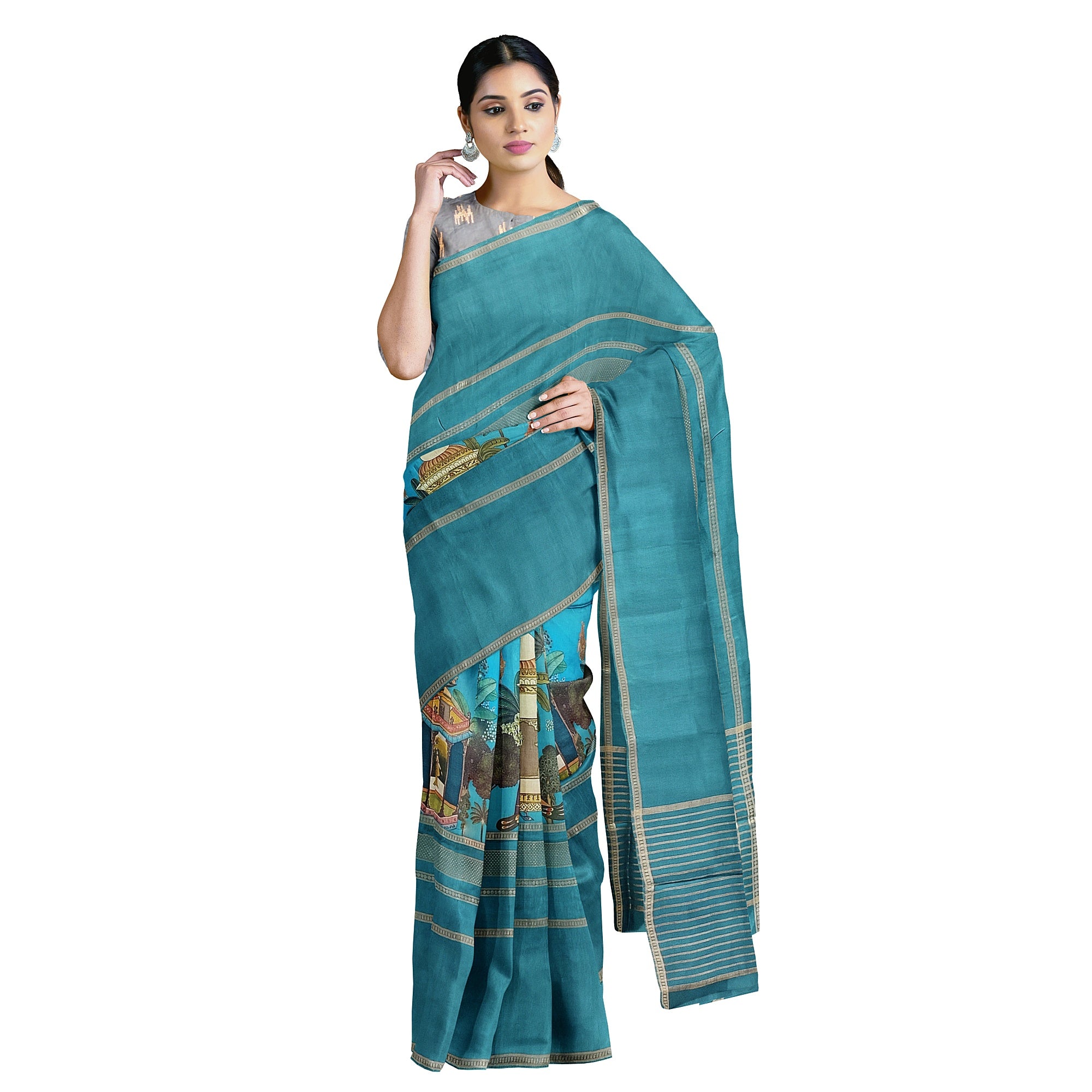 Rama Blue Printed Saree – Gold Border – Shop Online