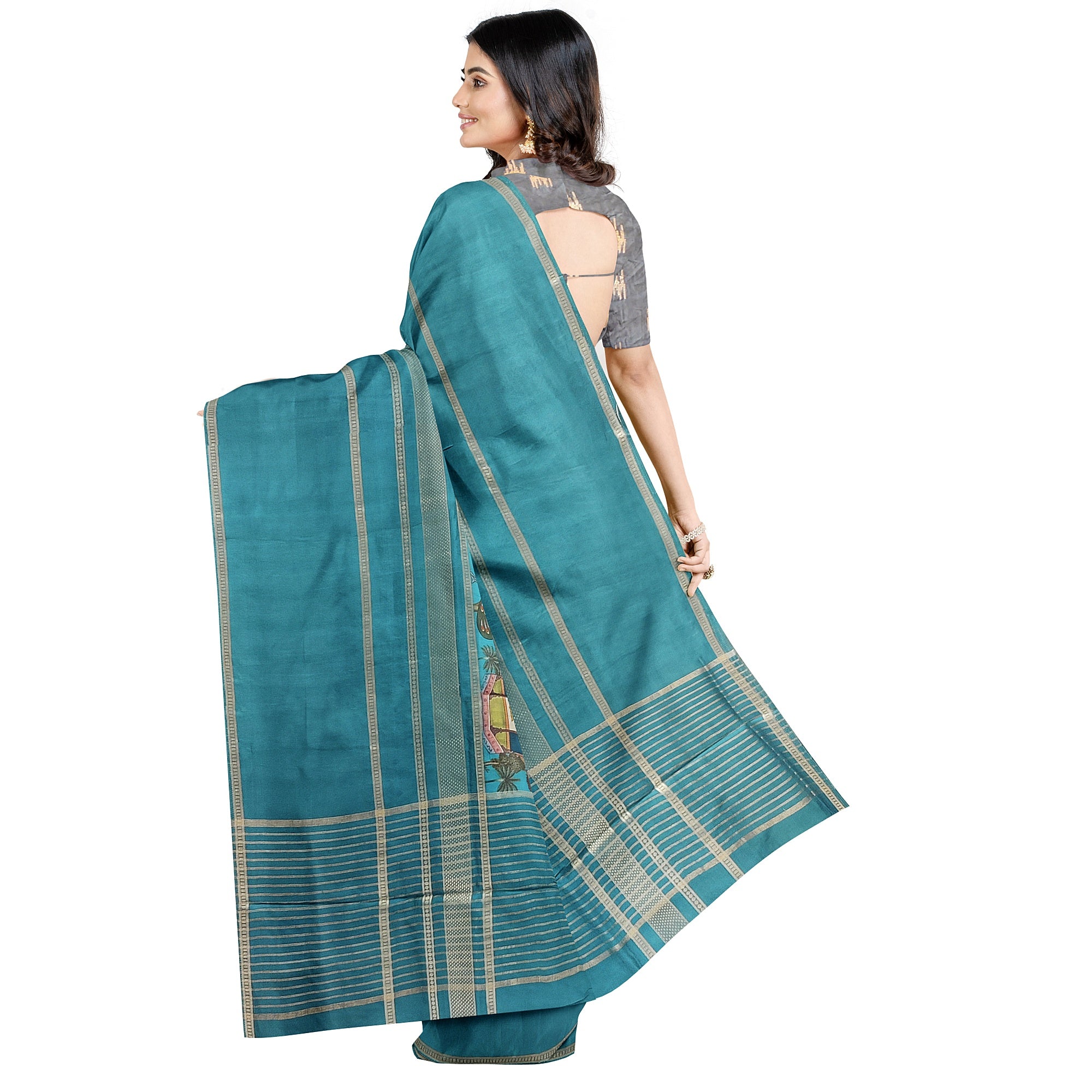Rama Blue Printed Saree – Gold Border – Shop Online