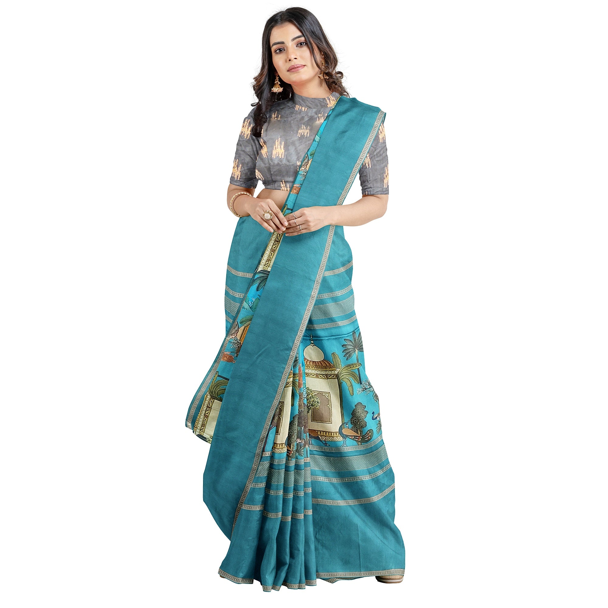 Rama Blue Printed Saree – Gold Border – Shop Online