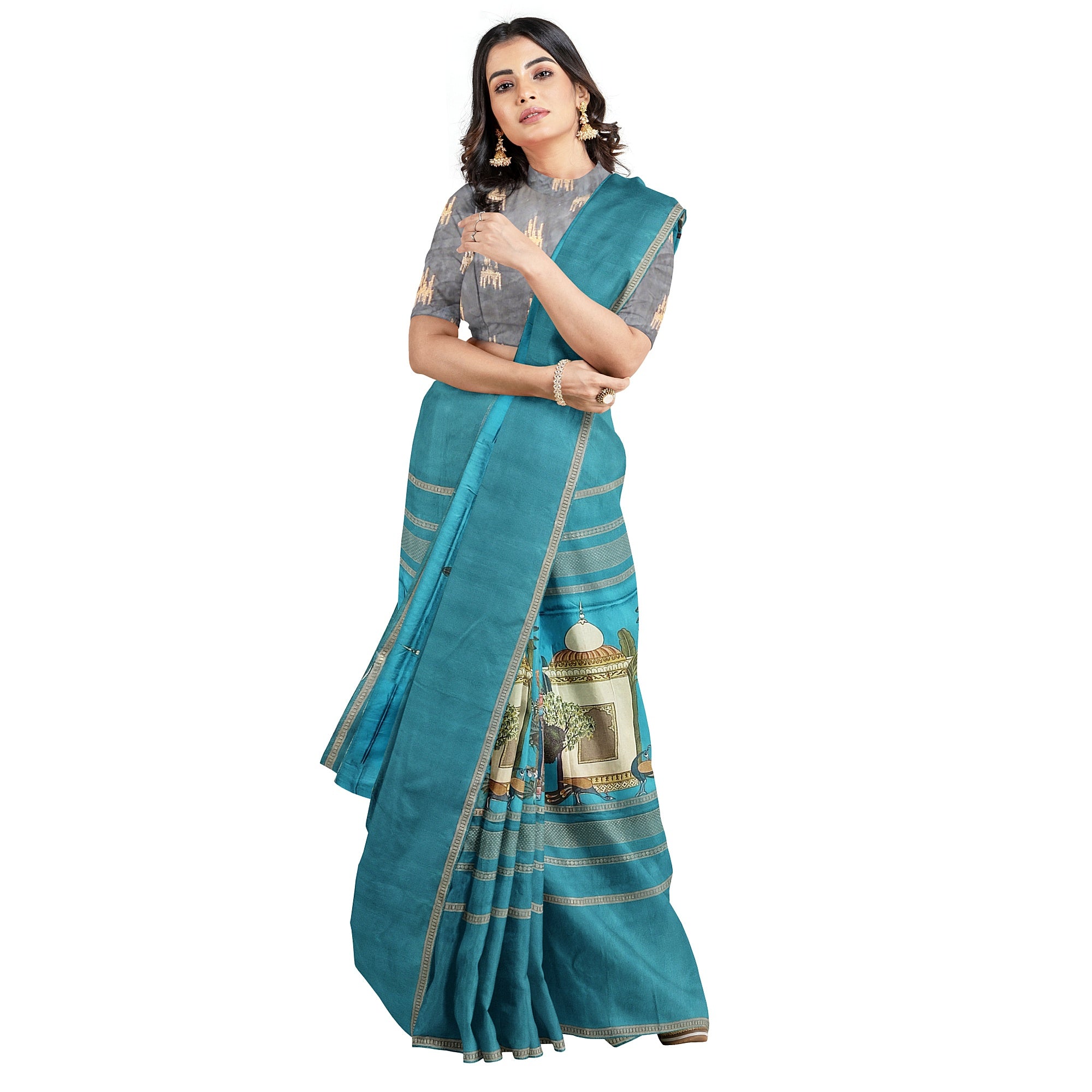 Rama Blue Printed Saree – Gold Border – Shop Online