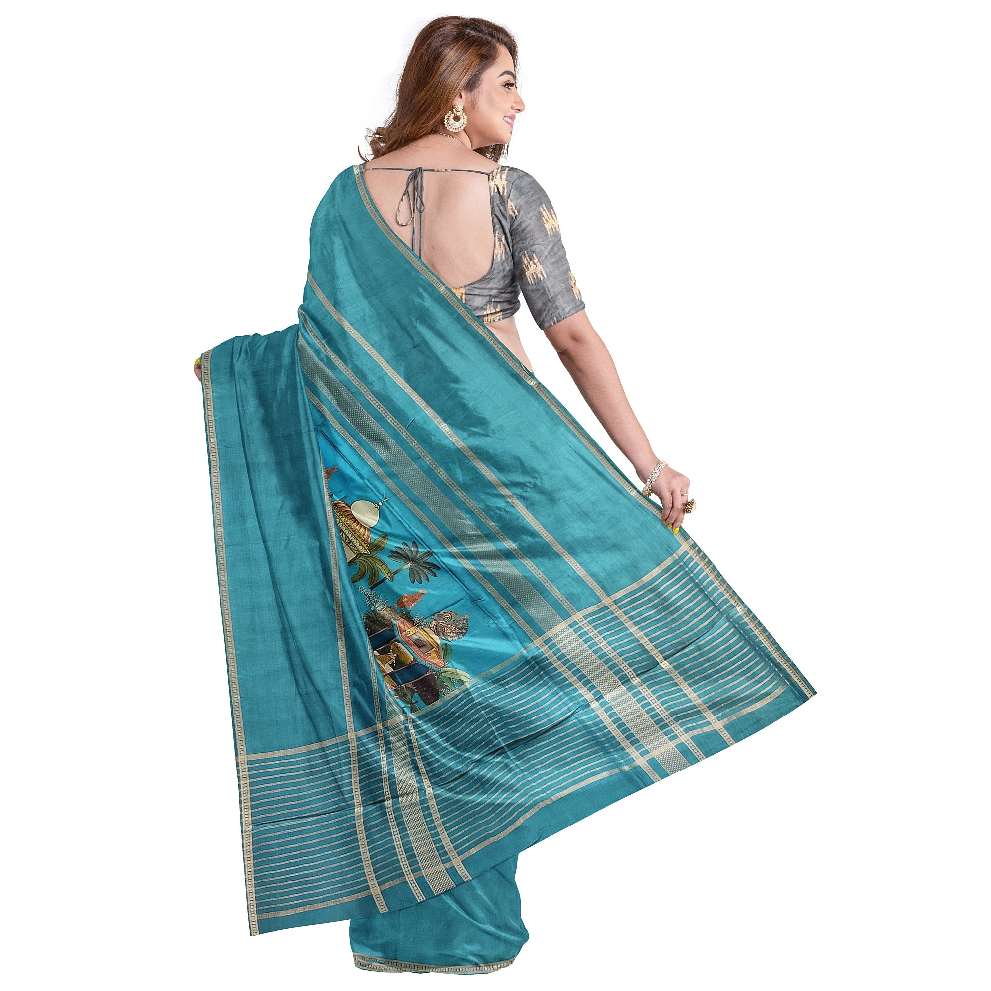 Rama Blue Printed Saree – Gold Border – Shop Online