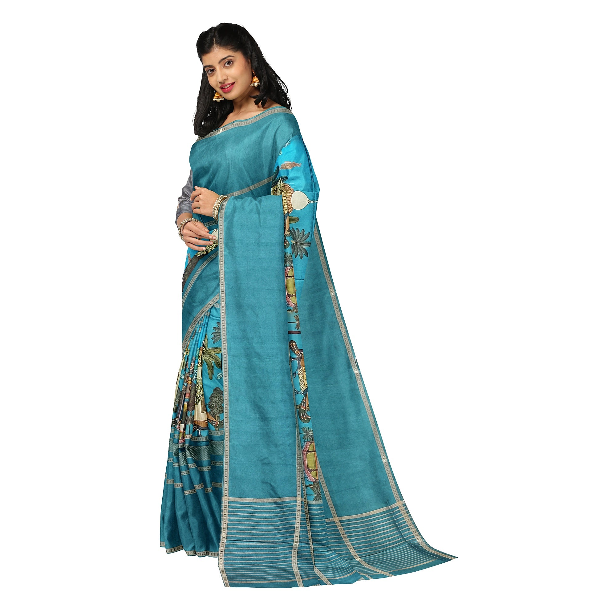 Rama Blue Printed Saree – Gold Border – Shop Online