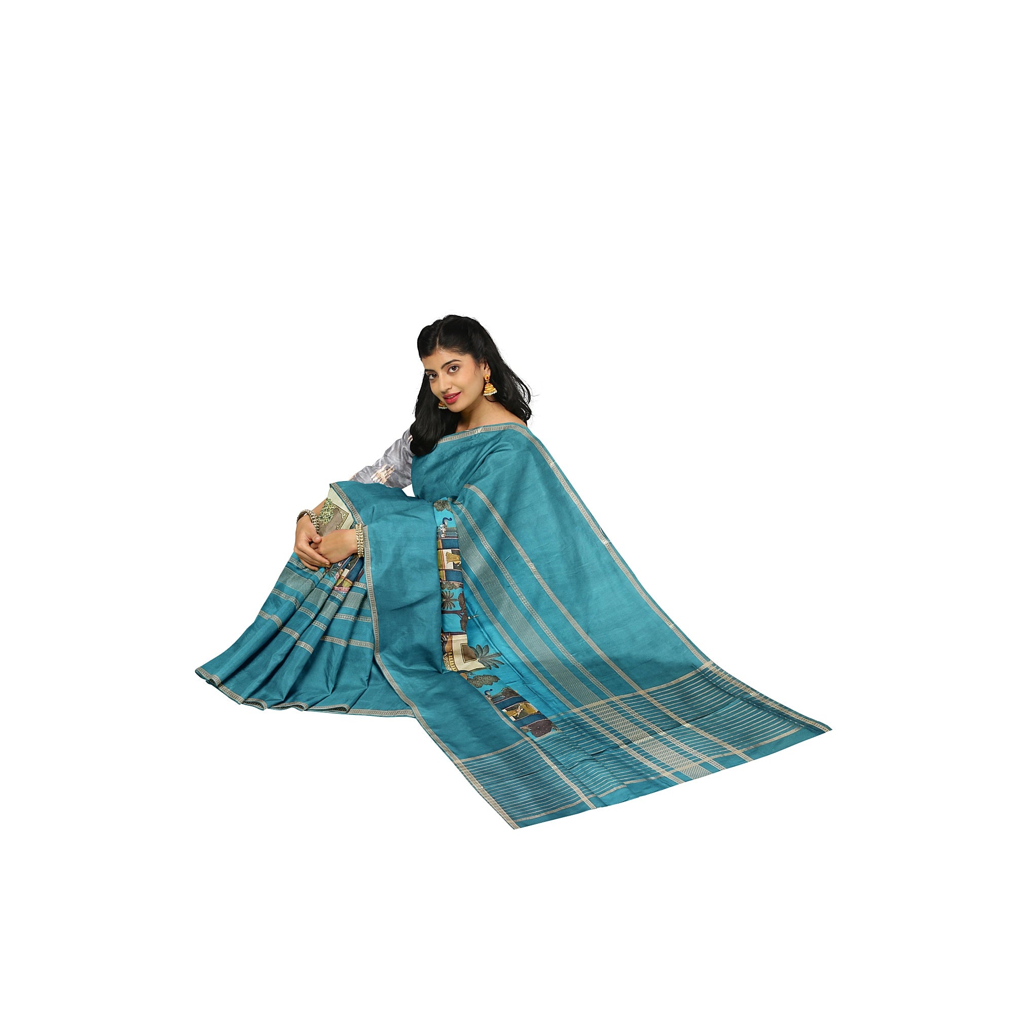 Rama Blue Printed Saree – Gold Border – Shop Online