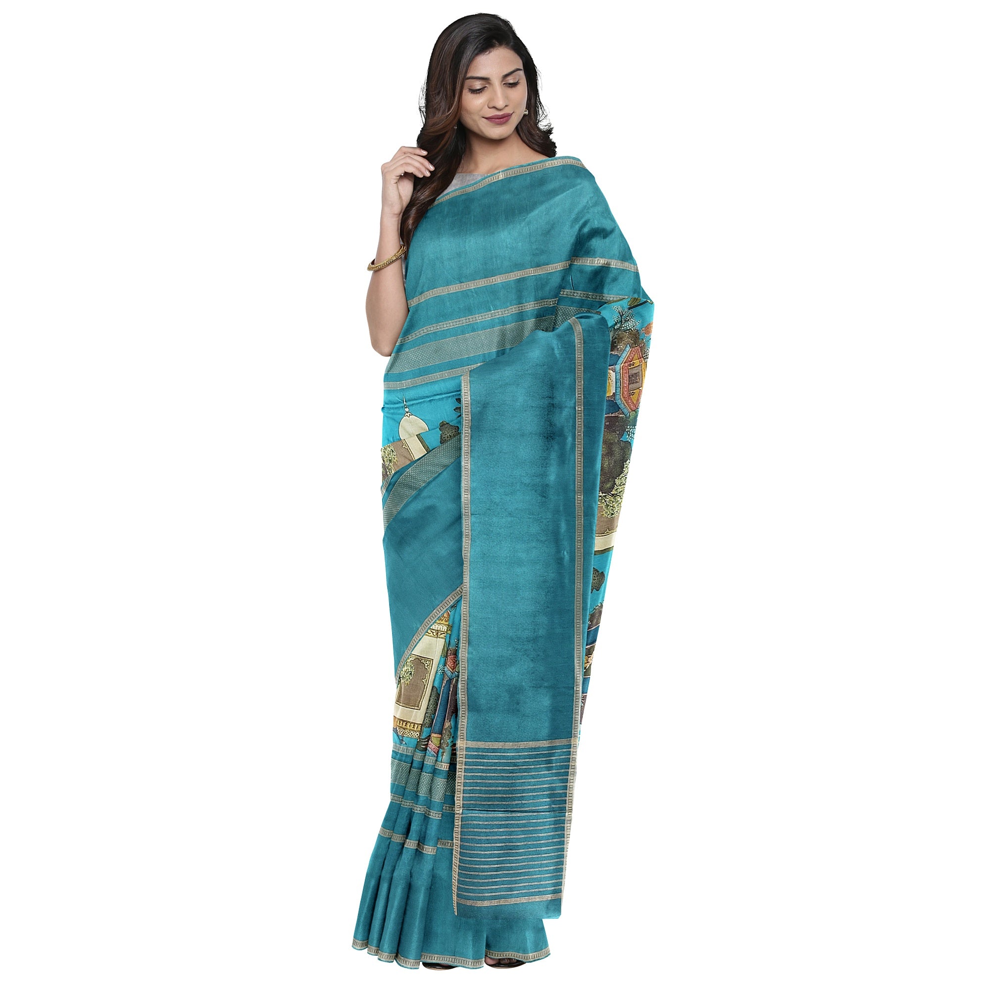 Rama Blue Printed Saree – Gold Border – Shop Online