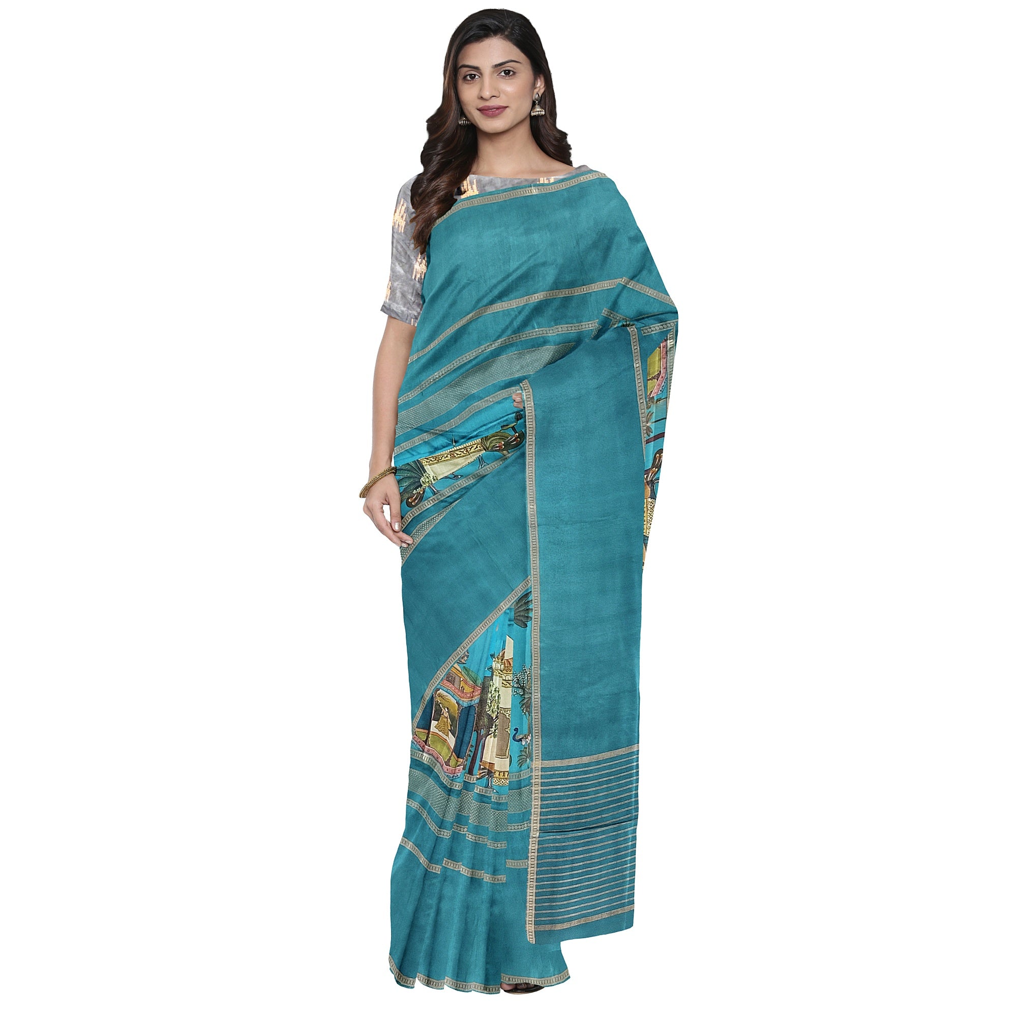 Rama Blue Printed Saree – Gold Border – Shop Online
