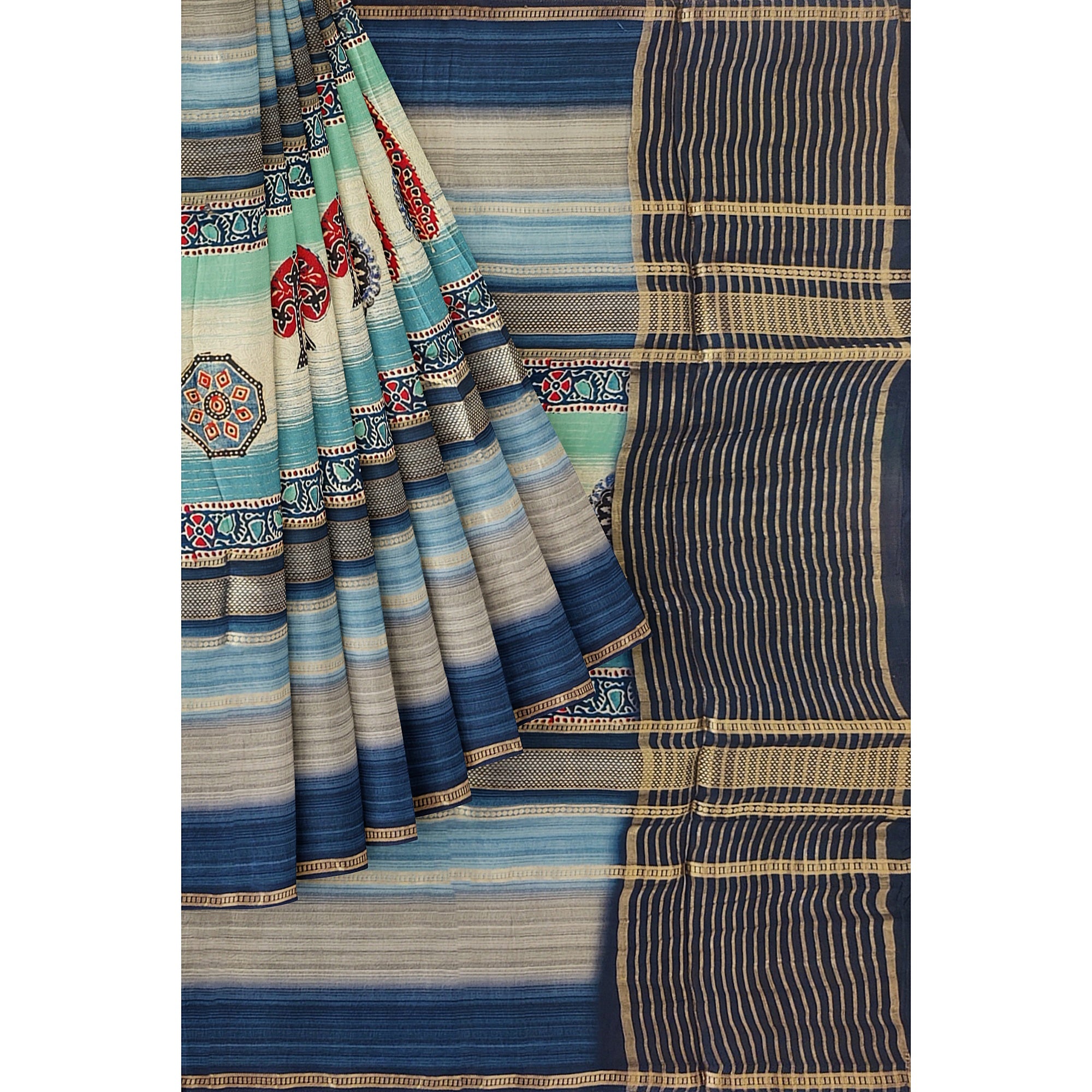 Blue Printed Saree – Grey Shaded Design – Shop Online