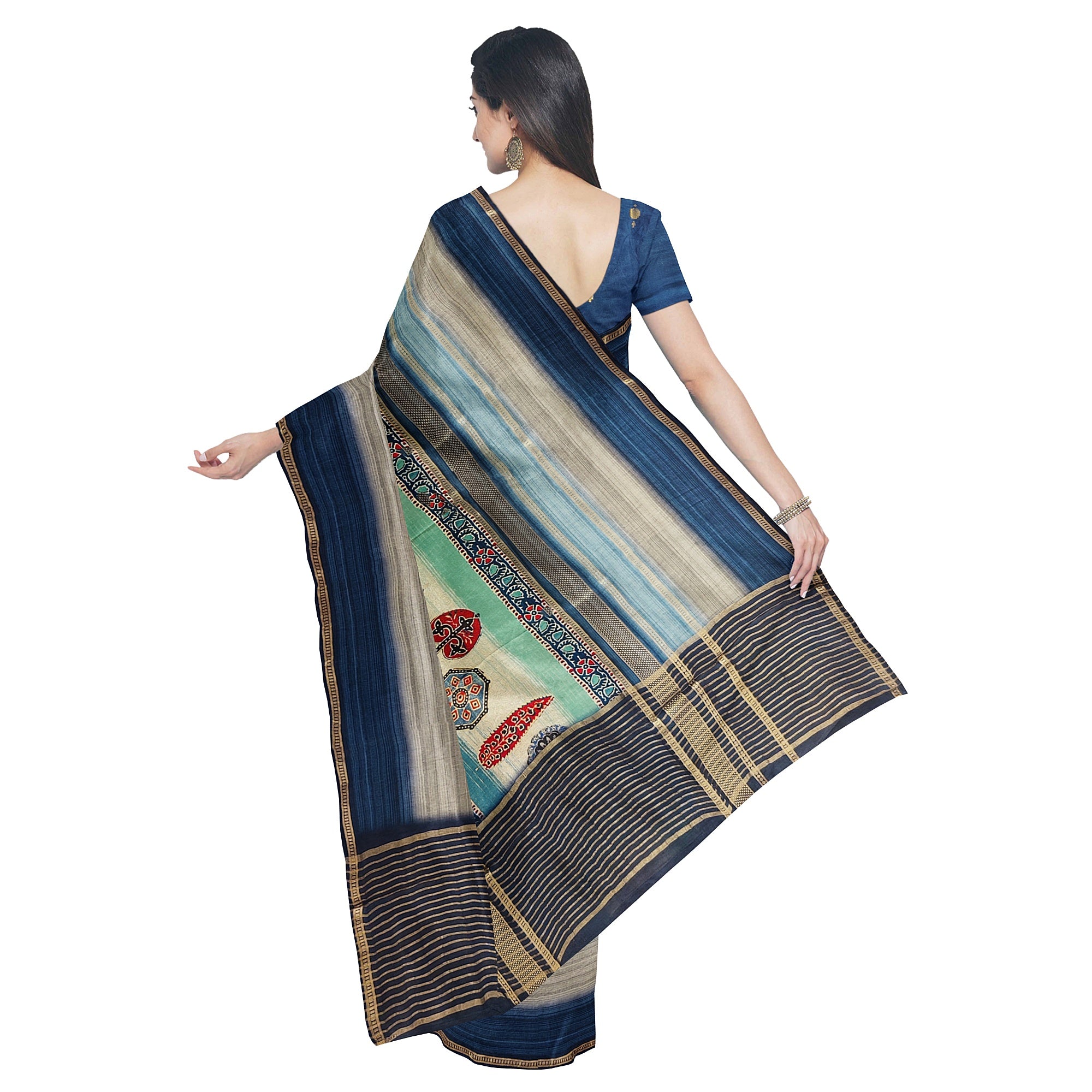 Blue Printed Saree – Grey Shaded Design – Shop Online