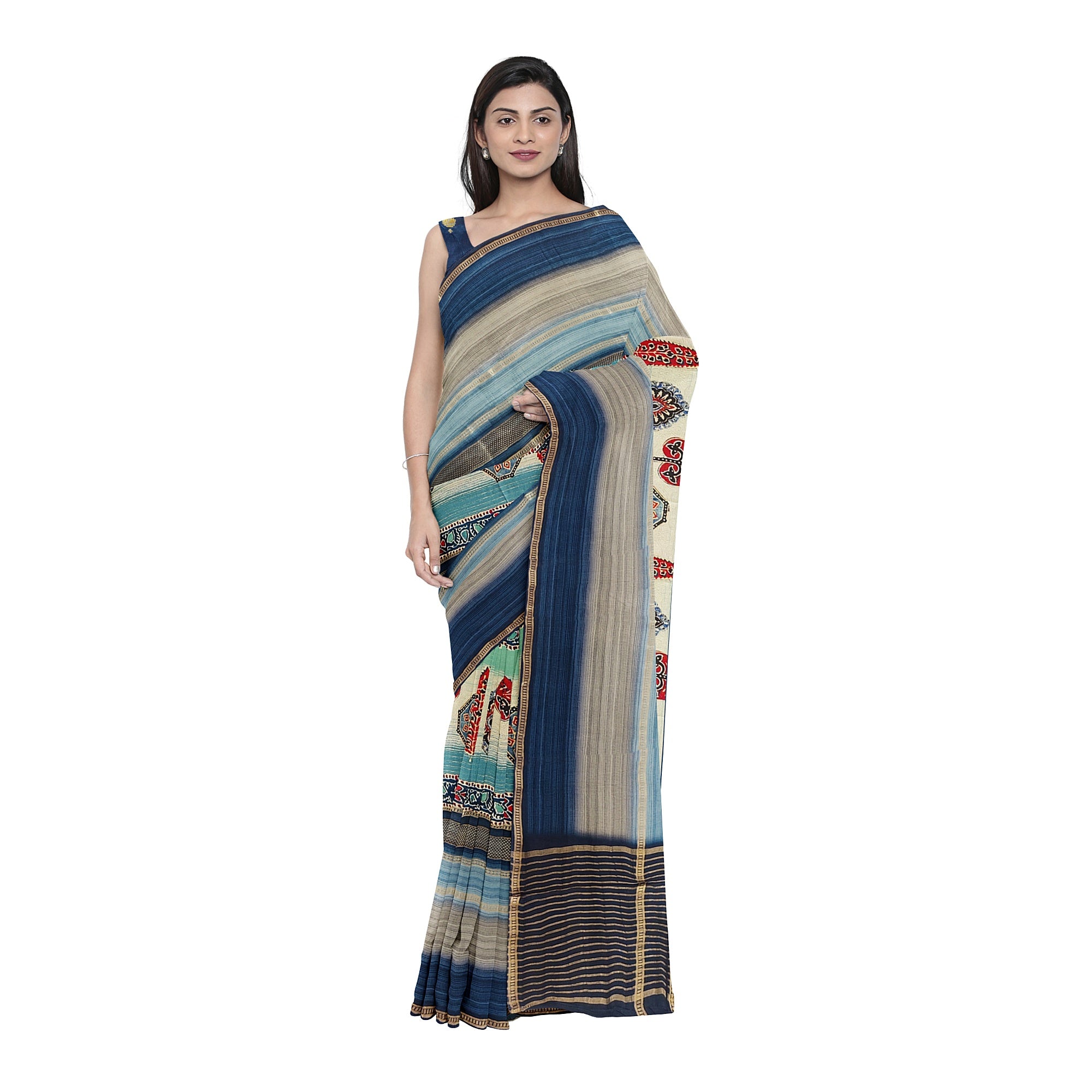 Blue Printed Saree – Grey Shaded Design – Shop Online