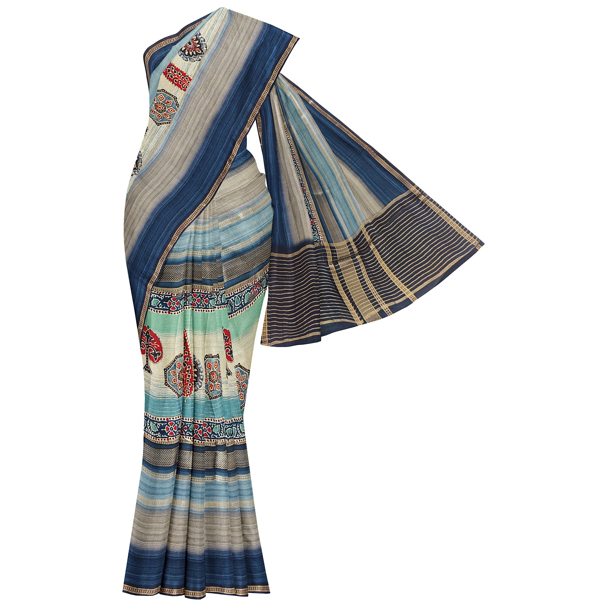 Blue Printed Saree – Grey Shaded Design – Shop Online