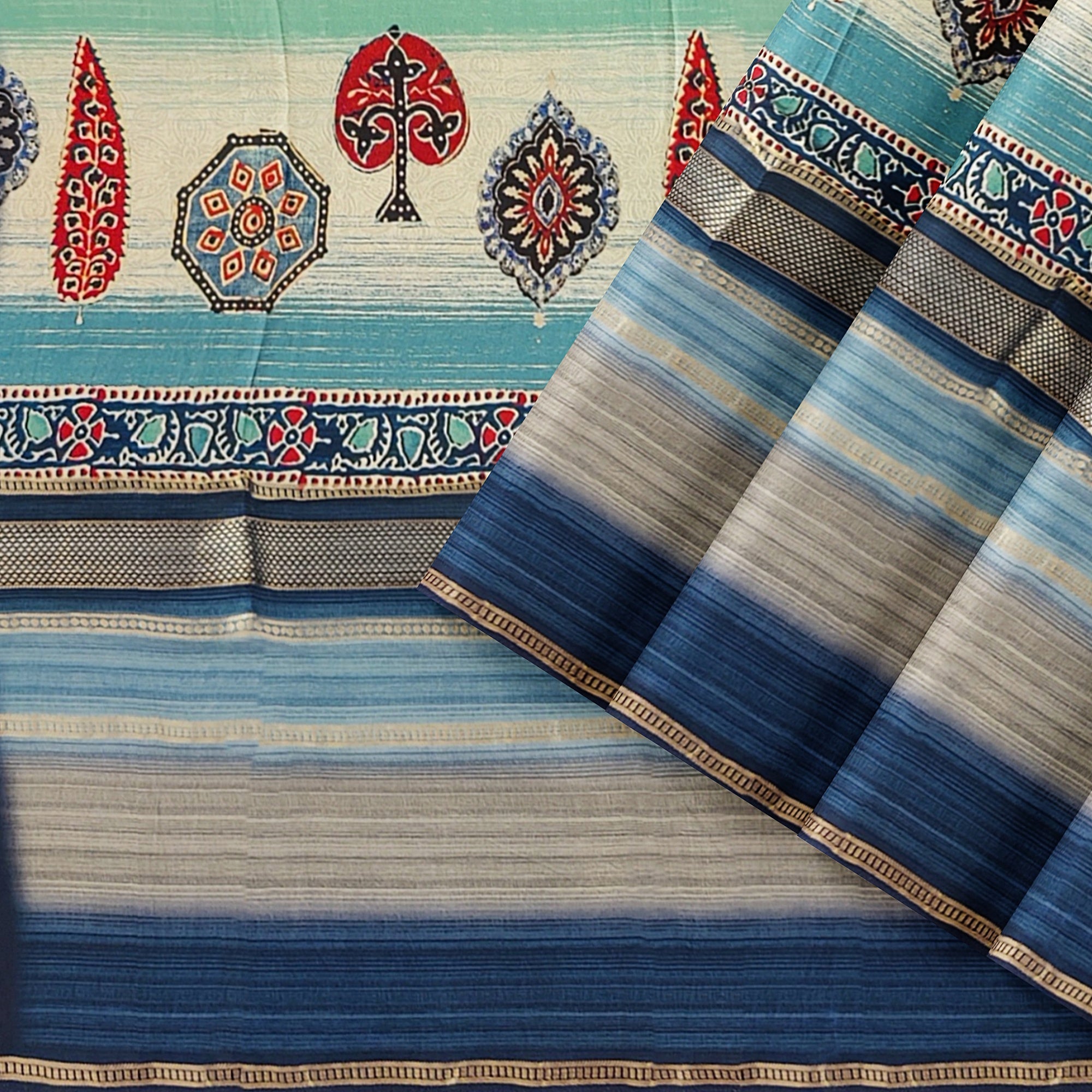 Blue Printed Saree – Grey Shaded Design – Shop Online